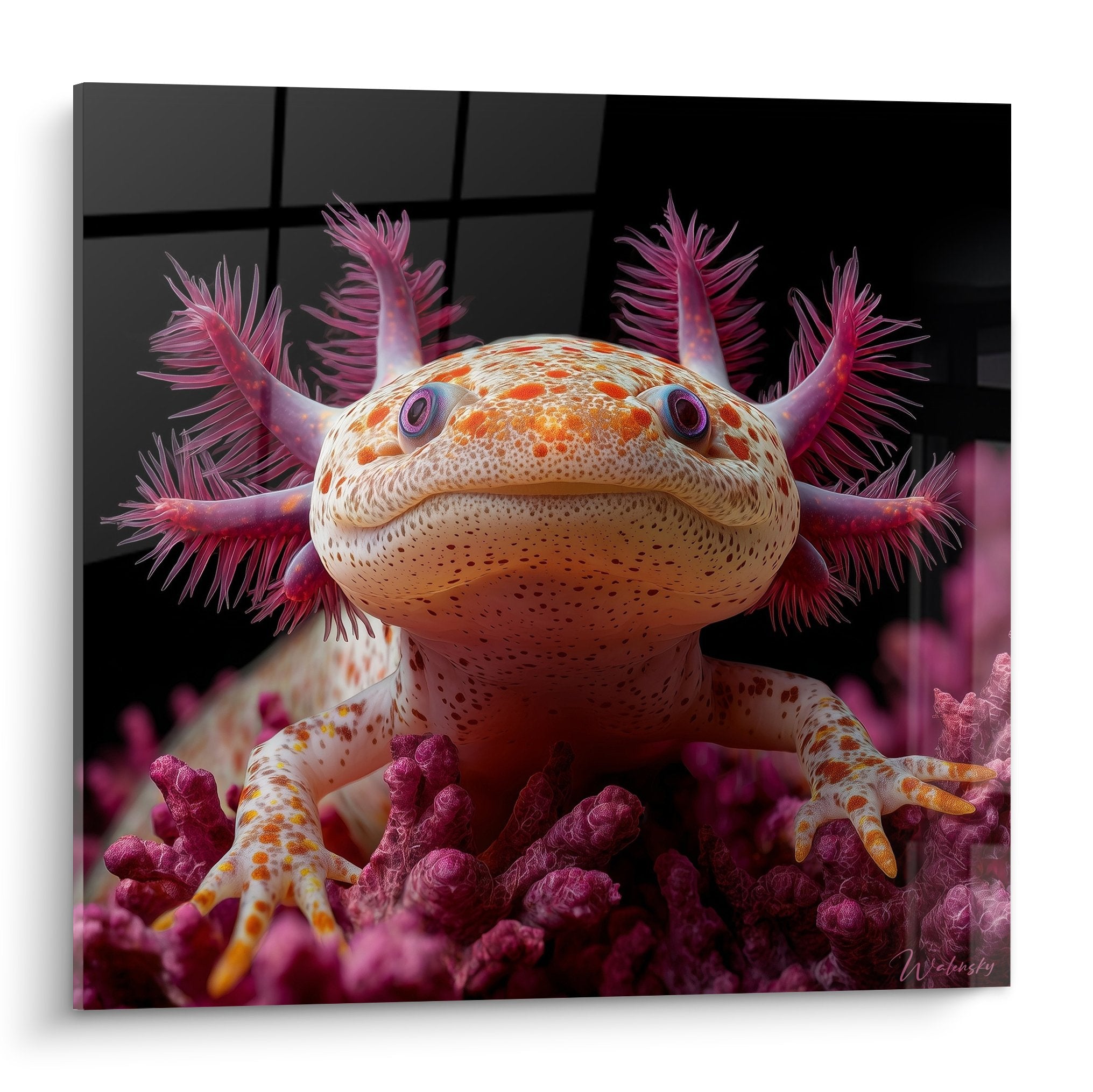 Axolotl with vibrant pink gills on purple coral, orange-speckled skin, piercing violet gaze