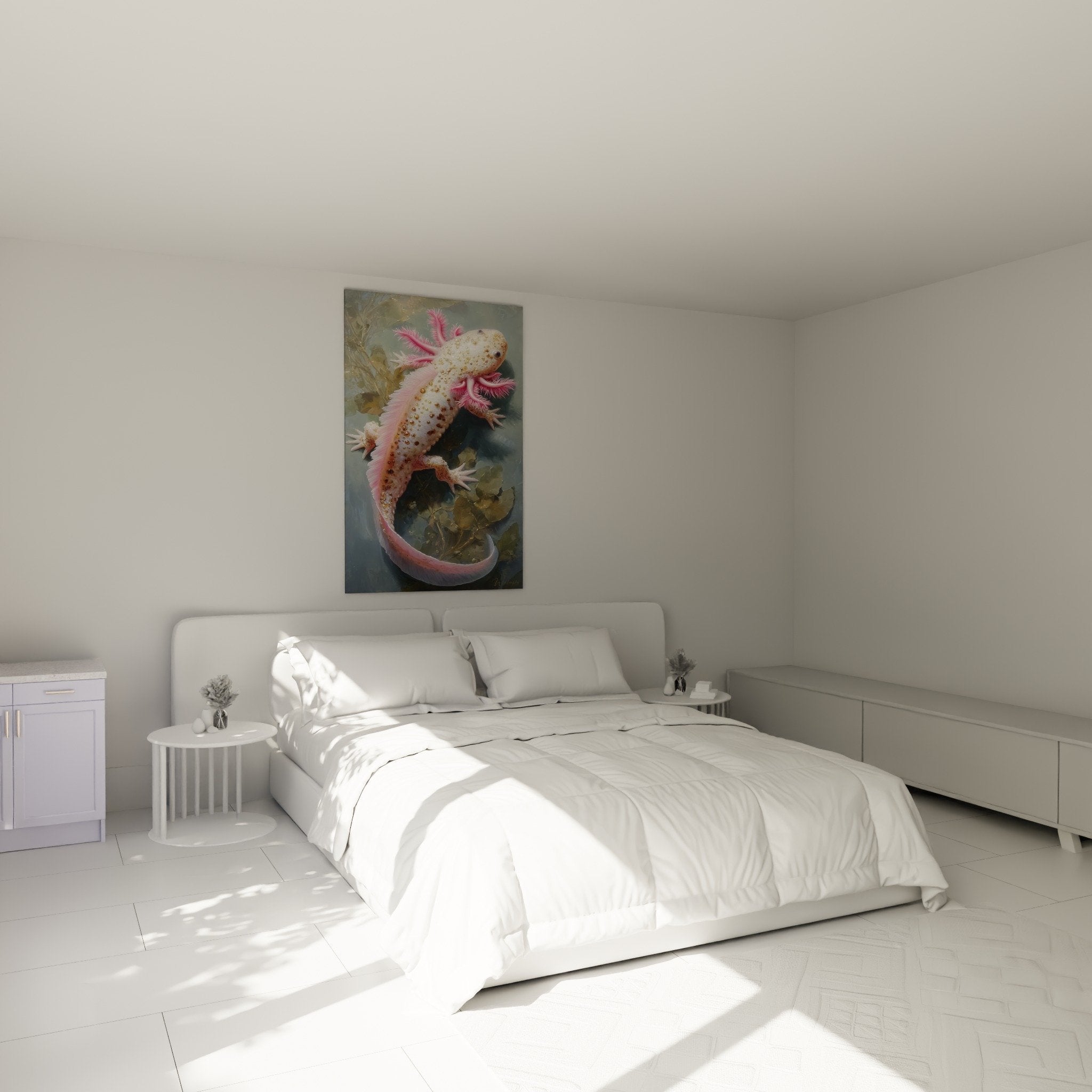 Tableau axolotl rose exposé dans chambre moderne aux murs clairs avec mobilier en bois naturel