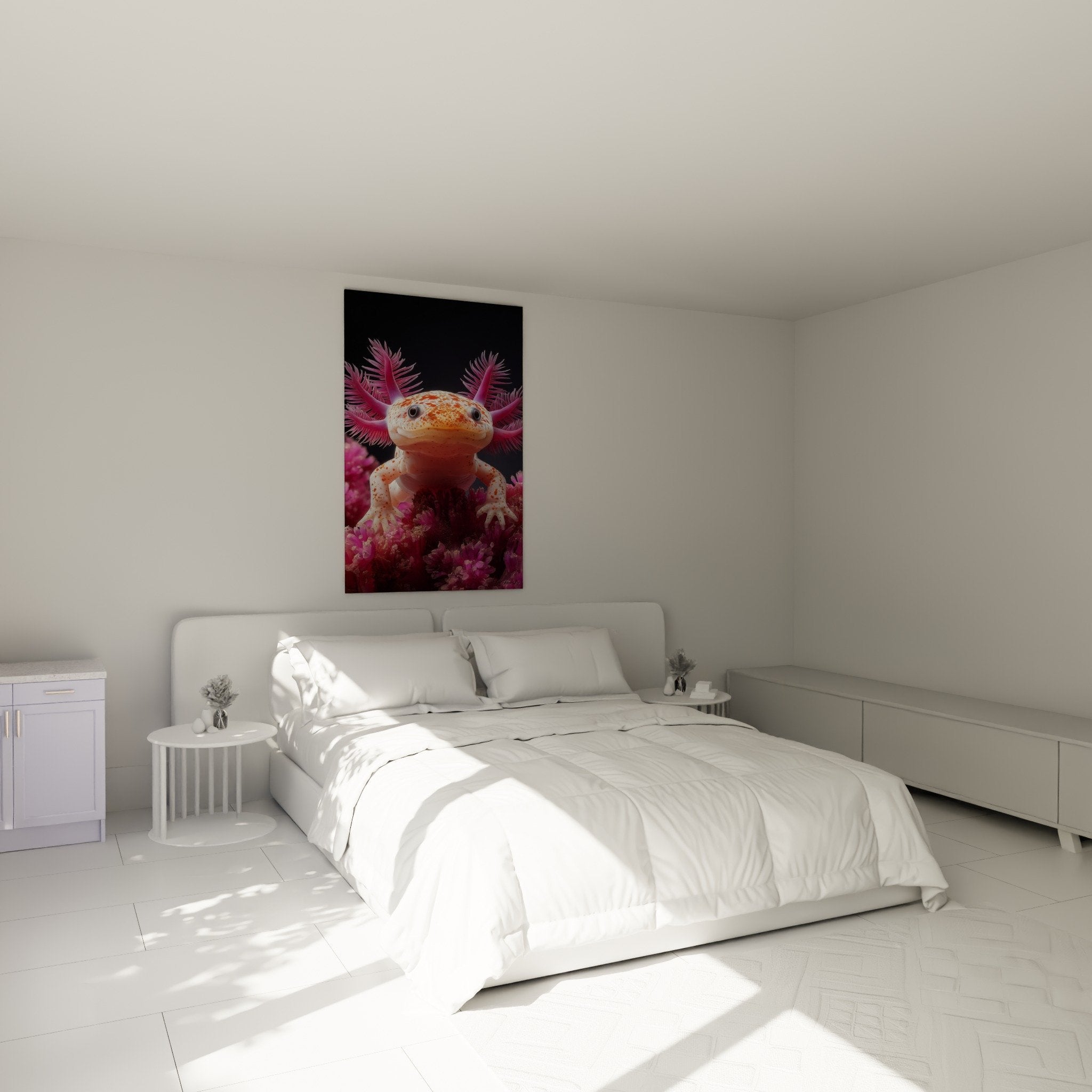 Tableau axolotl rose et coraux violets dans une chambre moderne aux tons apaisants