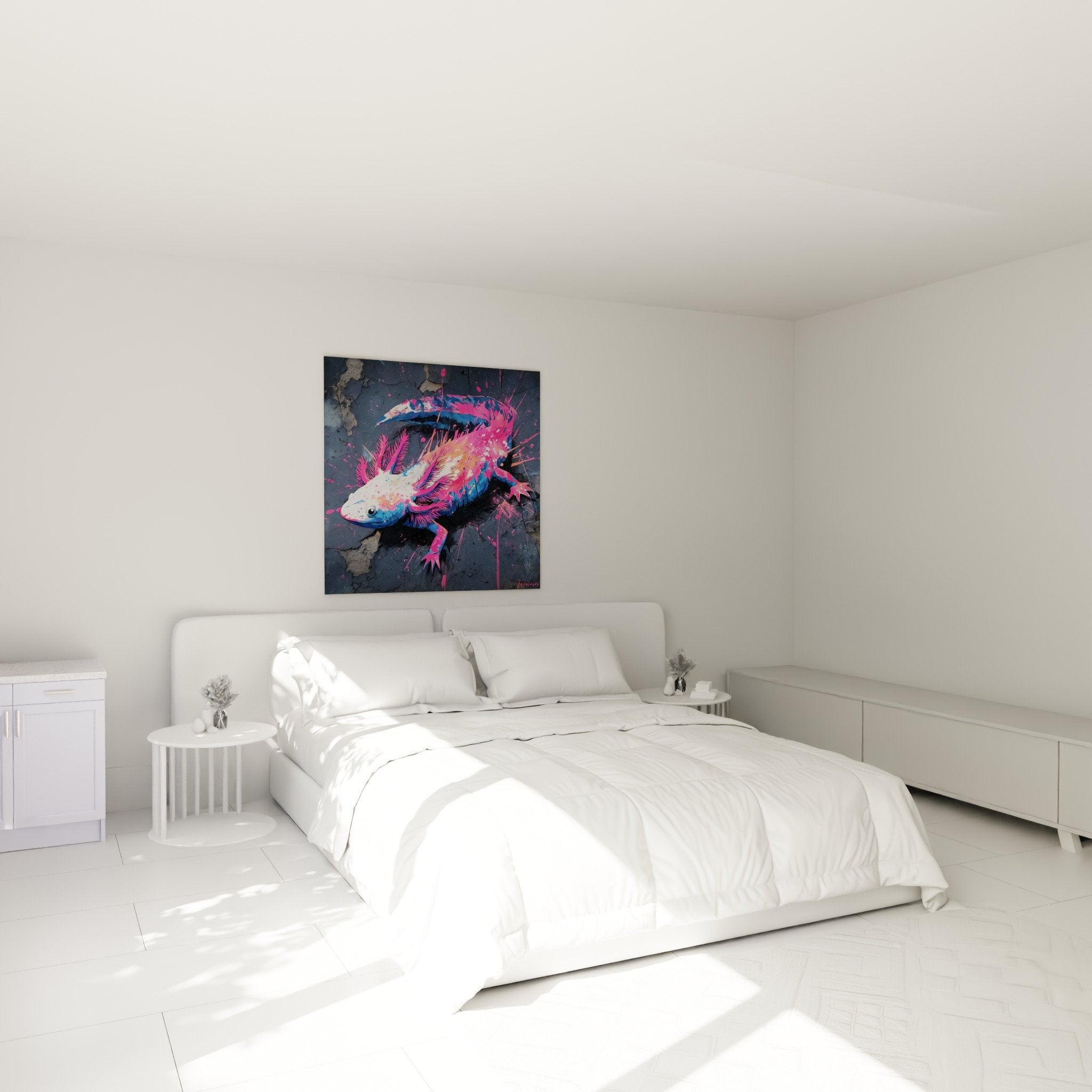 Tableau axolotl rose fuchsia et bleu dans chambre moderne mur blanc décoration murale contemporaine