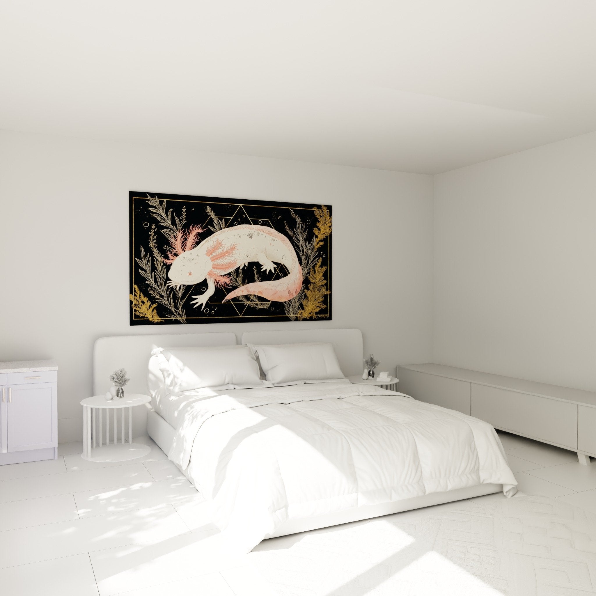 Tableau axolotl rose dans chambre moderne avec murs blancs et decoration contemporaine