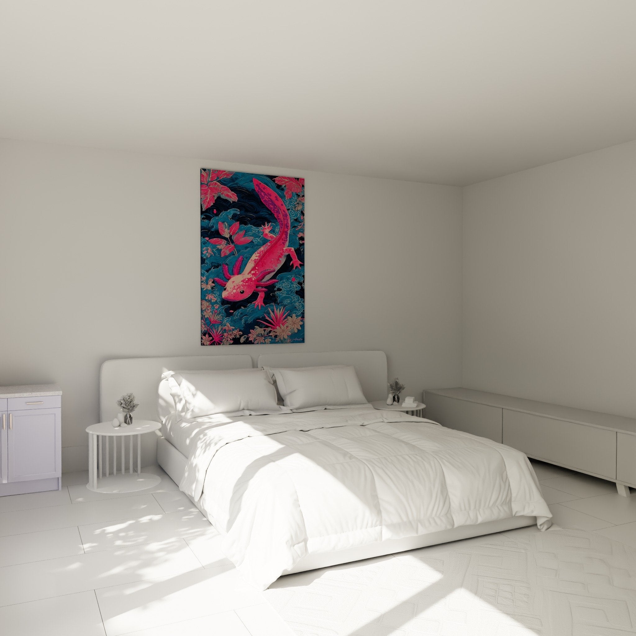 Tableau axolotl rose dans chambre moderne avec décoration murale eau bleue et mobilier contemporain
