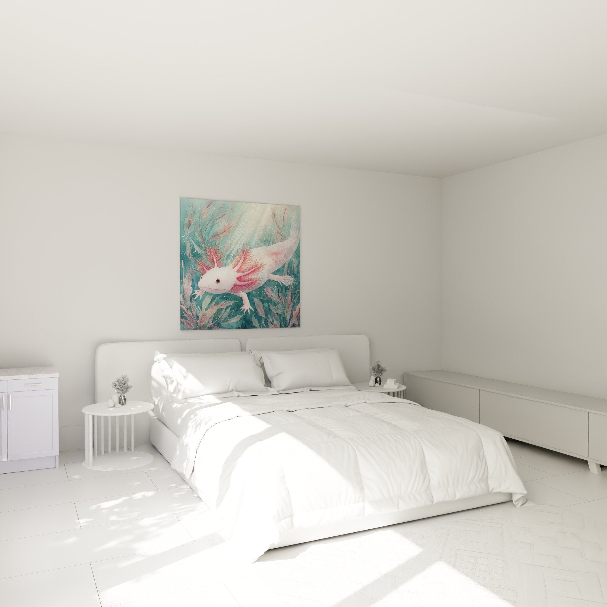 Tableau axolotl rose corail dans chambre moderne aux murs blancs avec decoration naturelle apaisante