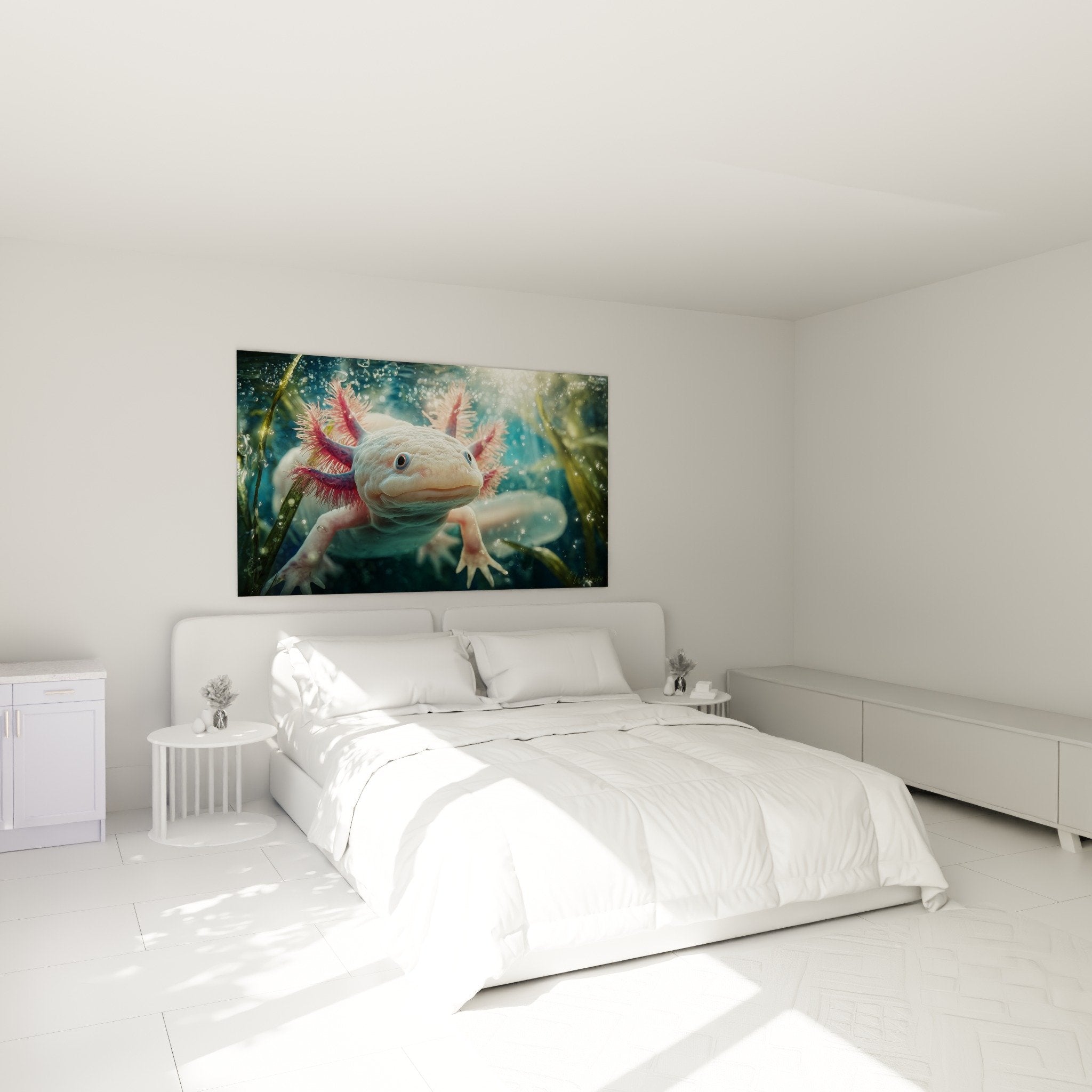 Tableau axolotl rose accroche au mur chambre decoration murale ambiance apaisante bleu vert
