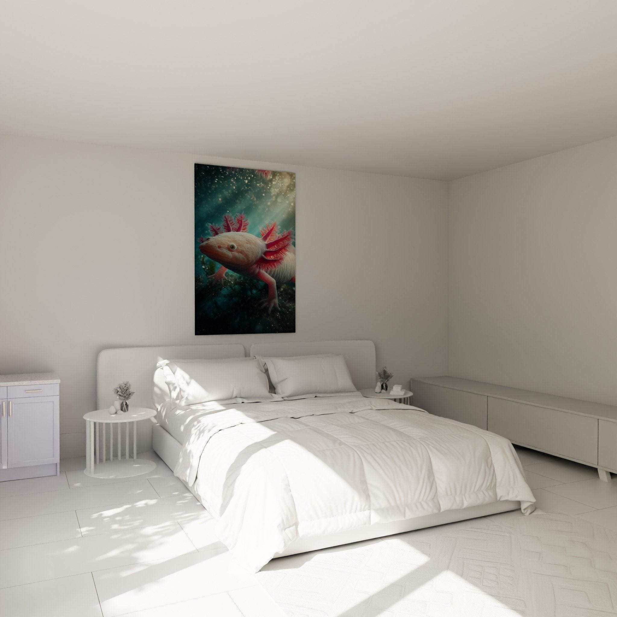 Tableau axolotl rose aquatique accroché au mur chambre décoration murale moderne ambiance apaisante