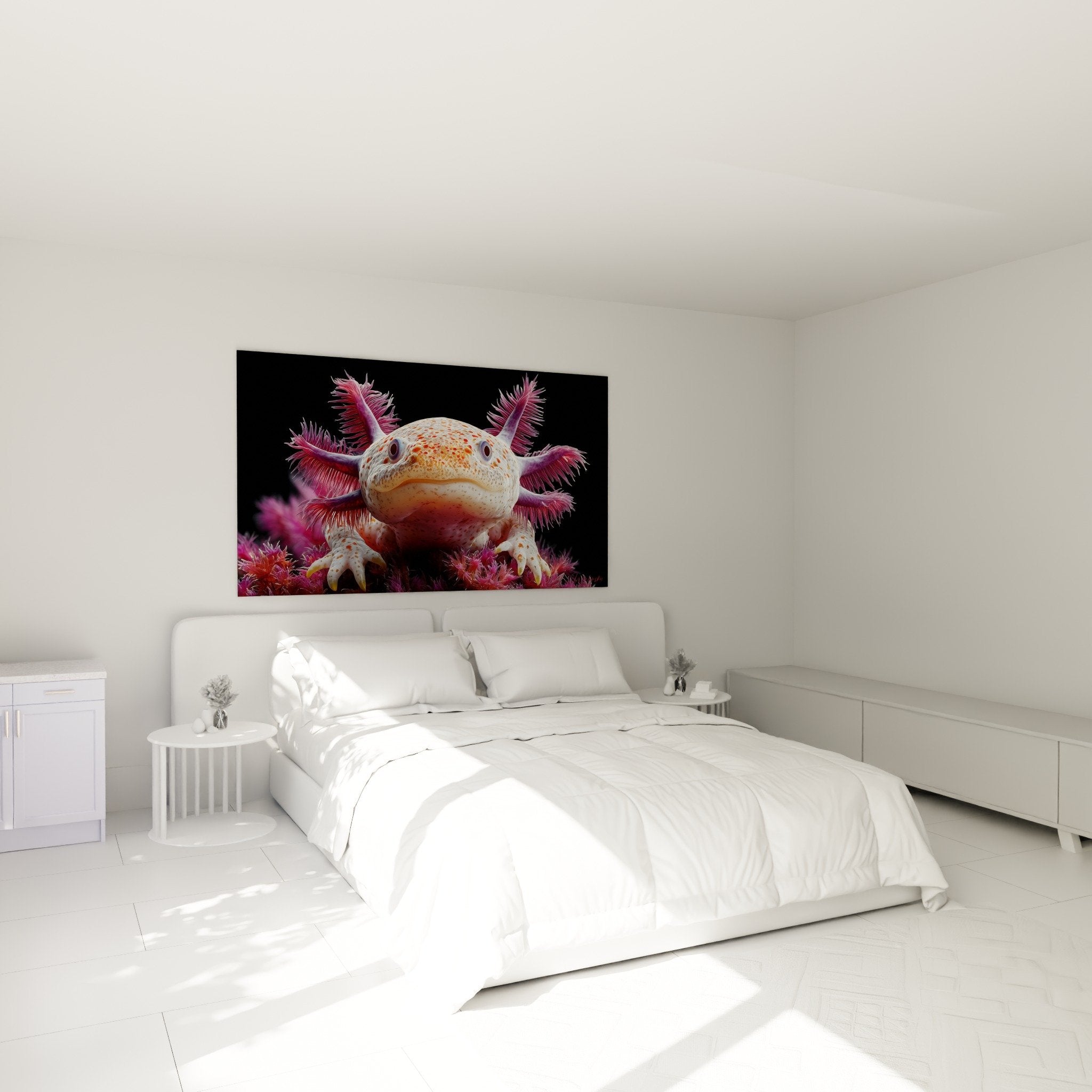 Tableau axolotl branchies roses dans chambre moderne - décoration murale créature aquatique mystérieuse