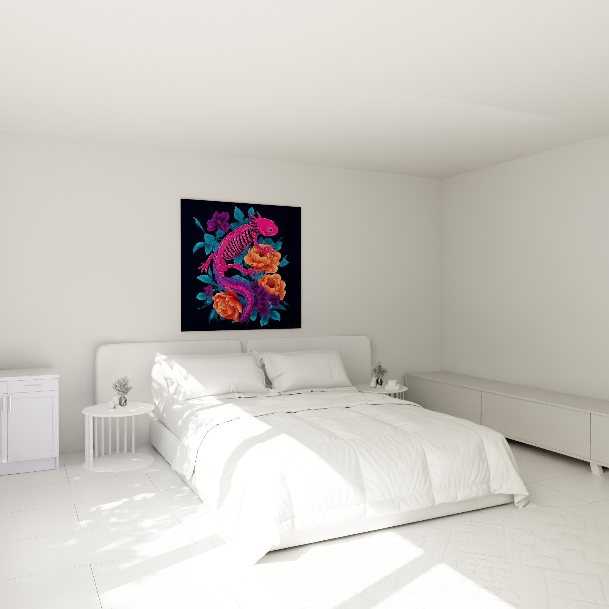 Tableau axolotl anatomie florale dans chambre moderne, squelette rose et fleurs colorées décoration murale