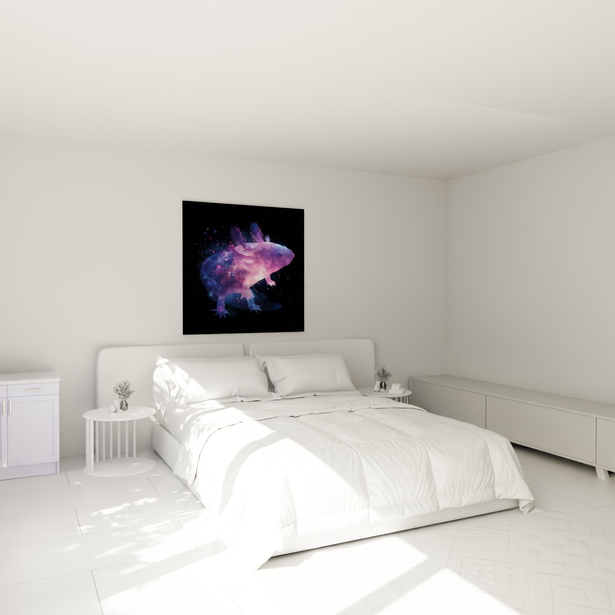Purple and blue starry axolotl elegantly decorating a modern bedroom with soothing tones
