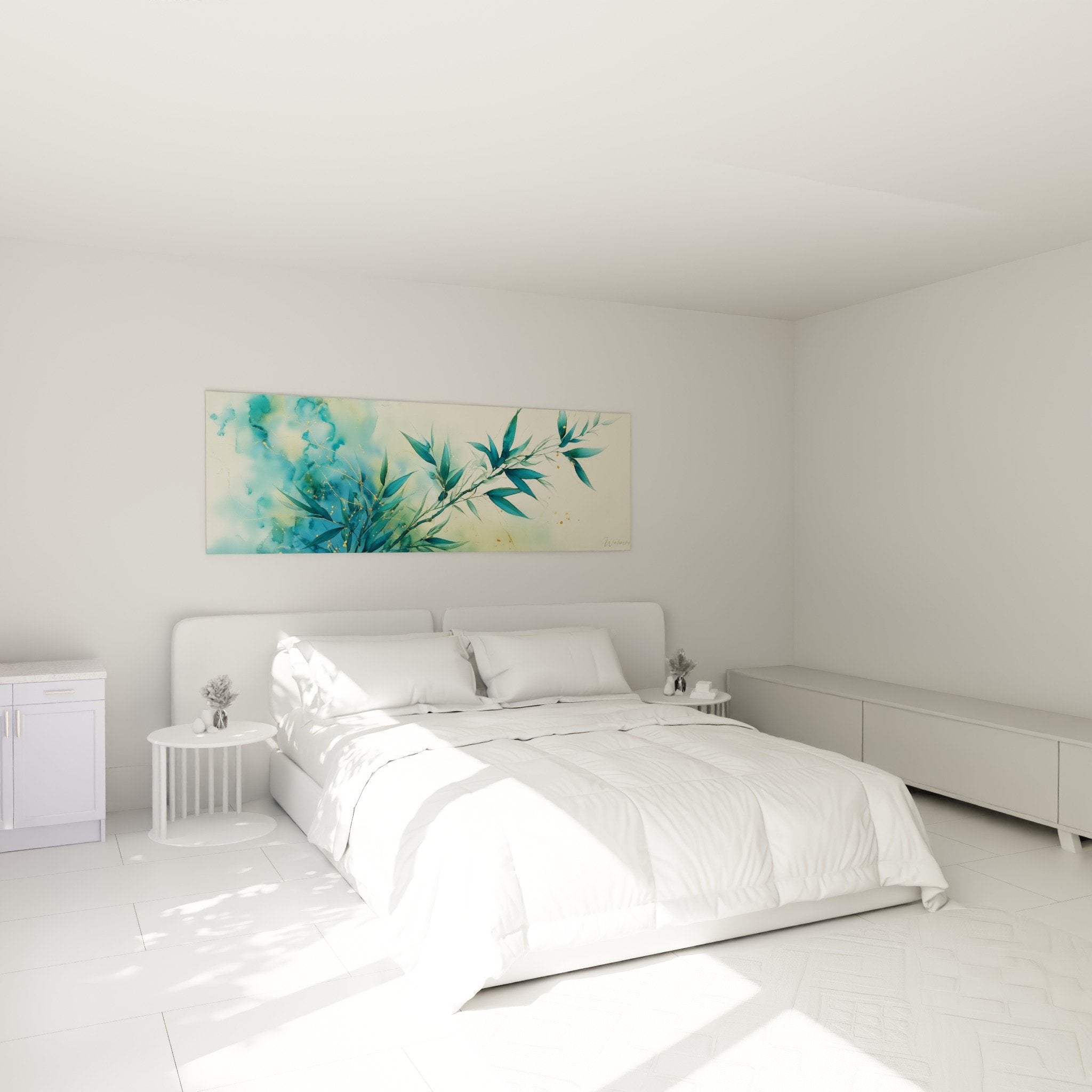 Blue green bamboo watercolor bedroom wall decoration soothing feng shui north water