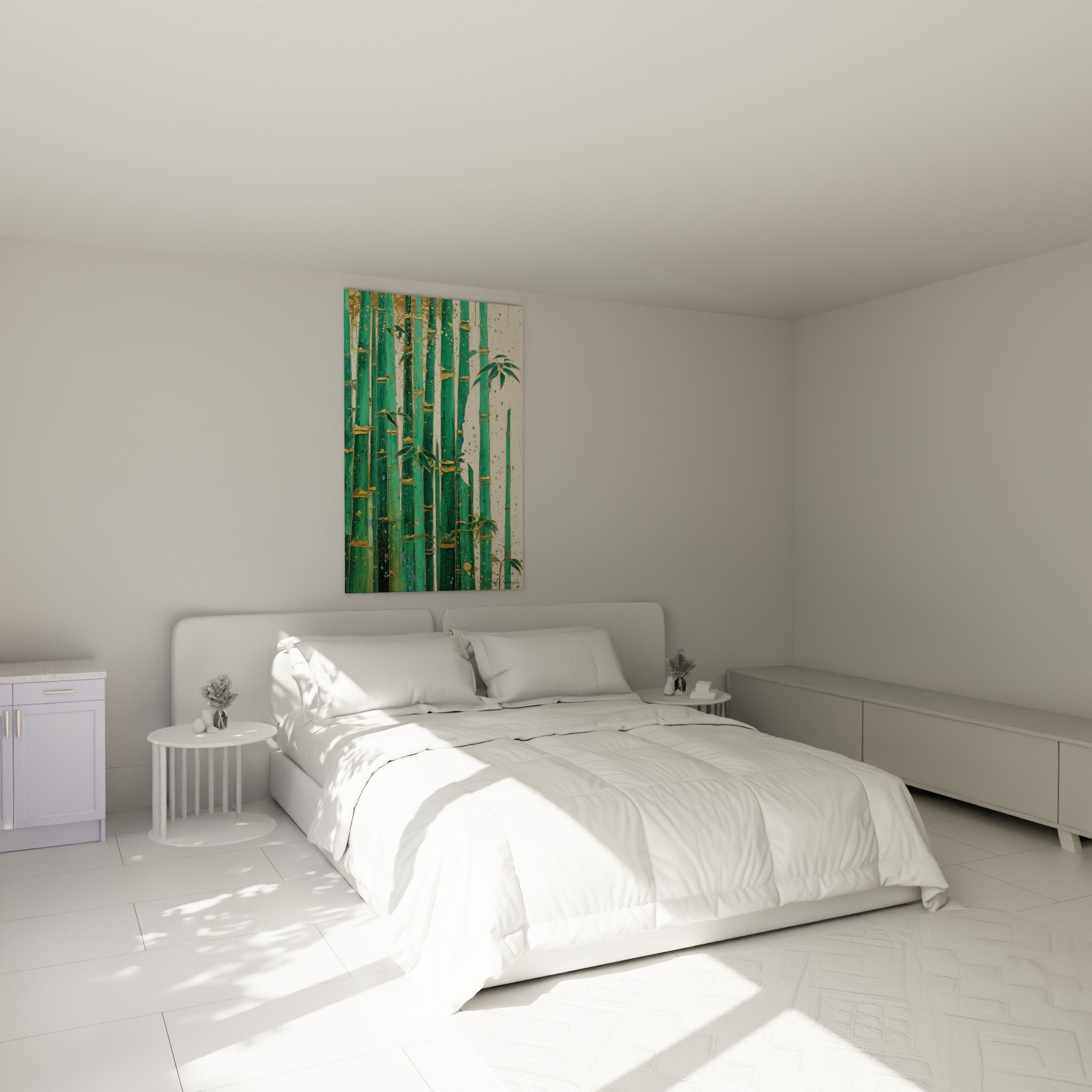 Green bamboo wall art in bedroom with zen feng shui southeast wood natural wall decoration