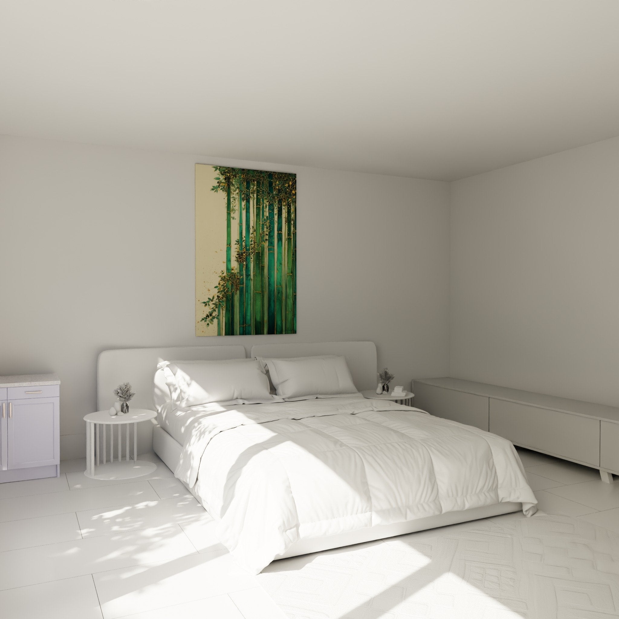 Green and gold bamboo wall art in bedroom with zen feng shui southeast wood decor calming mural decoration