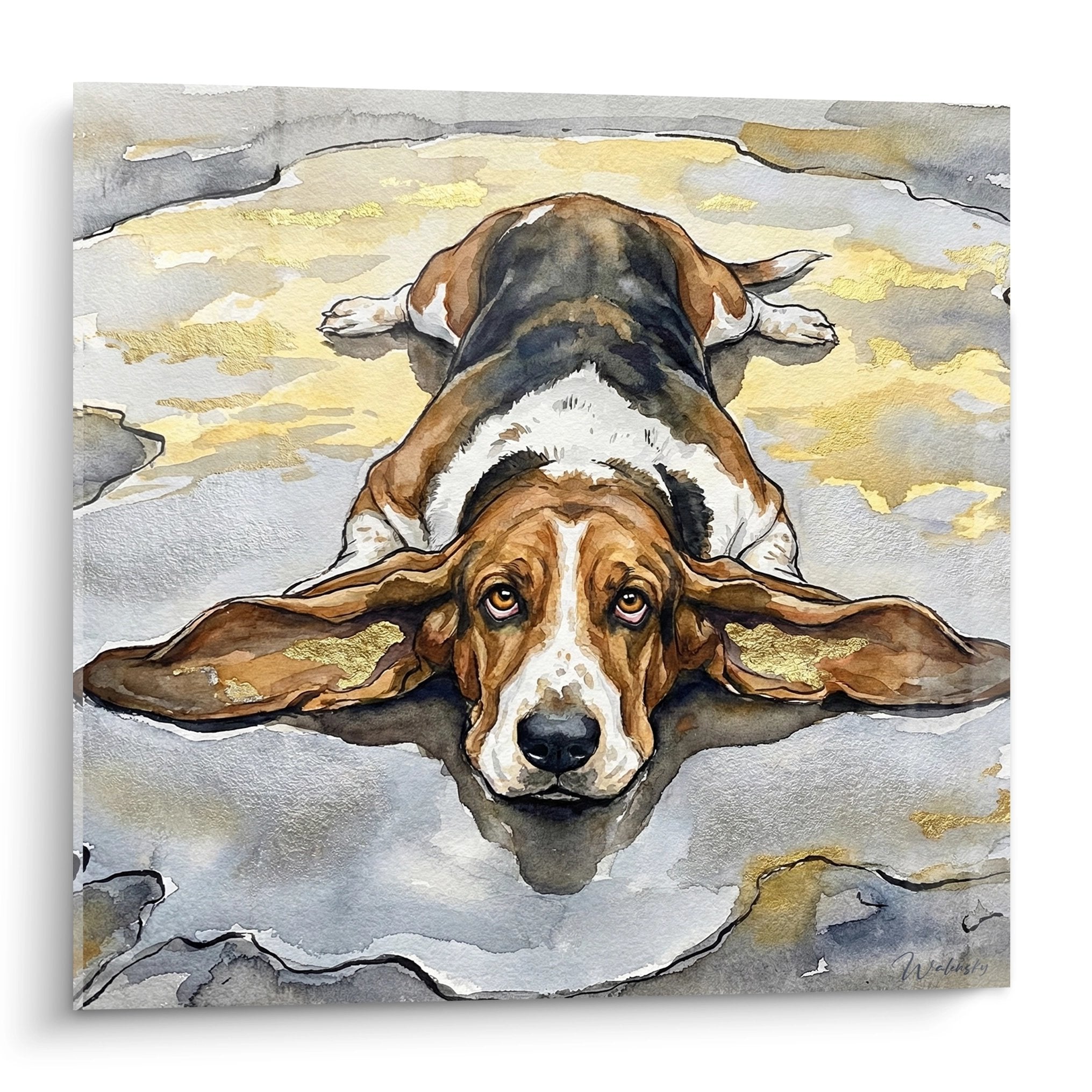 Watercolor basset hound lying in water with golden reflections melancholic gaze long ears