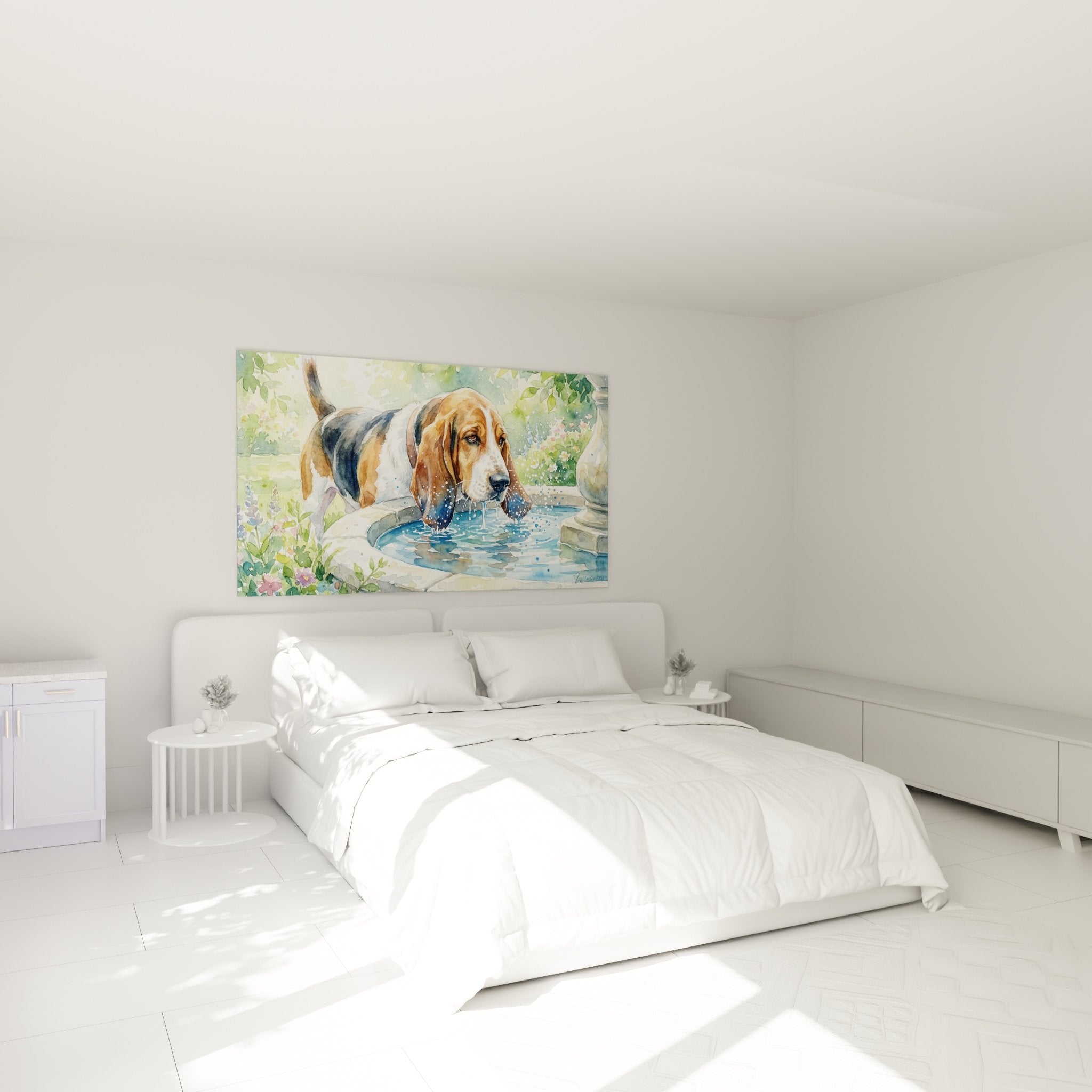 Tableau Basset Hound fontaine chambre decoration murale aquarelle tons doux