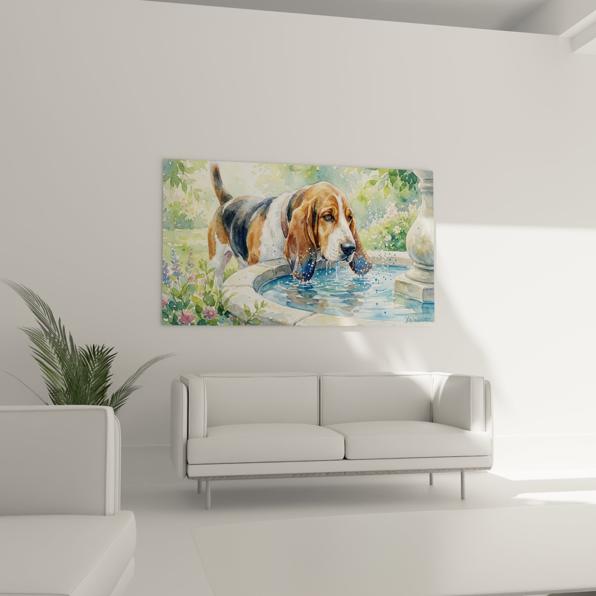 Detail aquarelle Basset Hound fontaine pierre eclaboussures eau cristalline