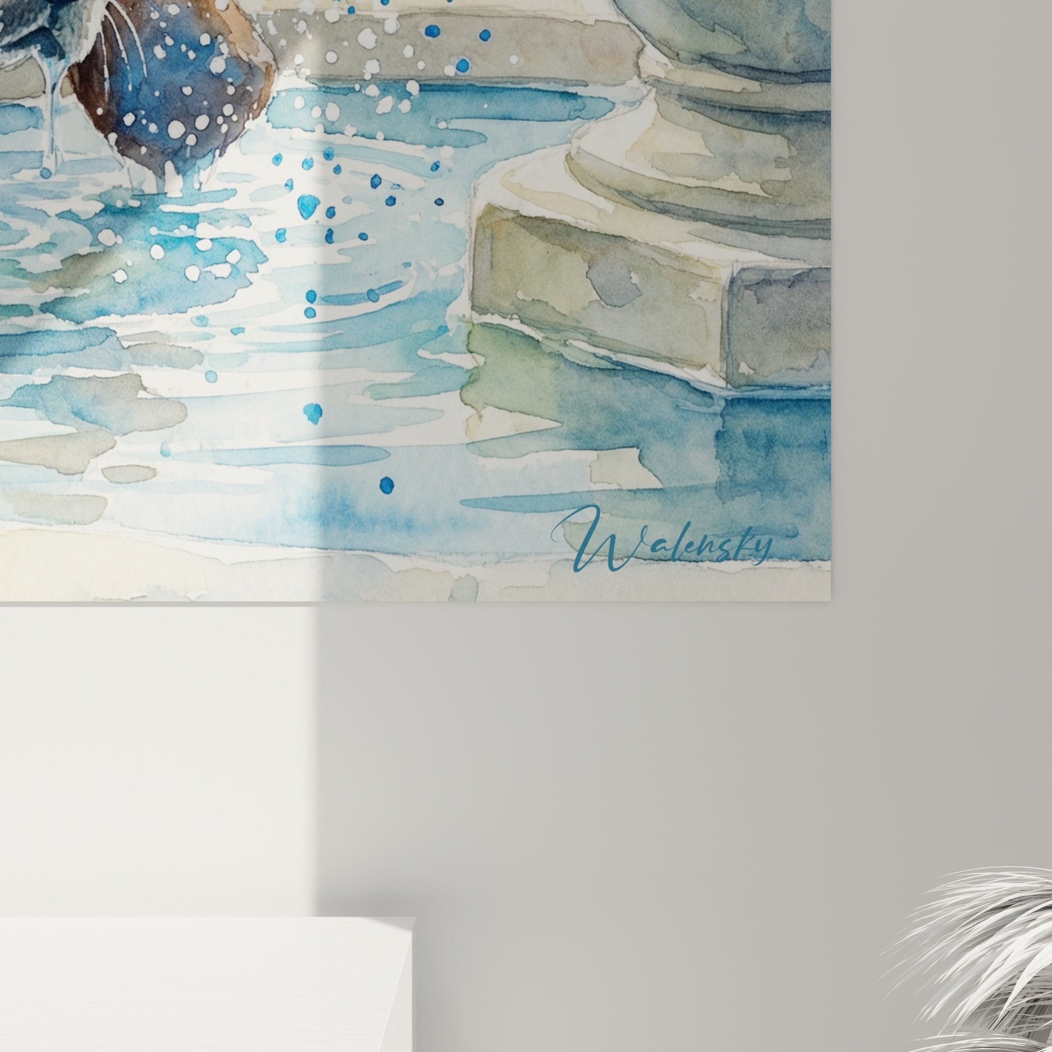 Vue ensemble tableau Basset Hound fontaine jardin aquarelle decoration
