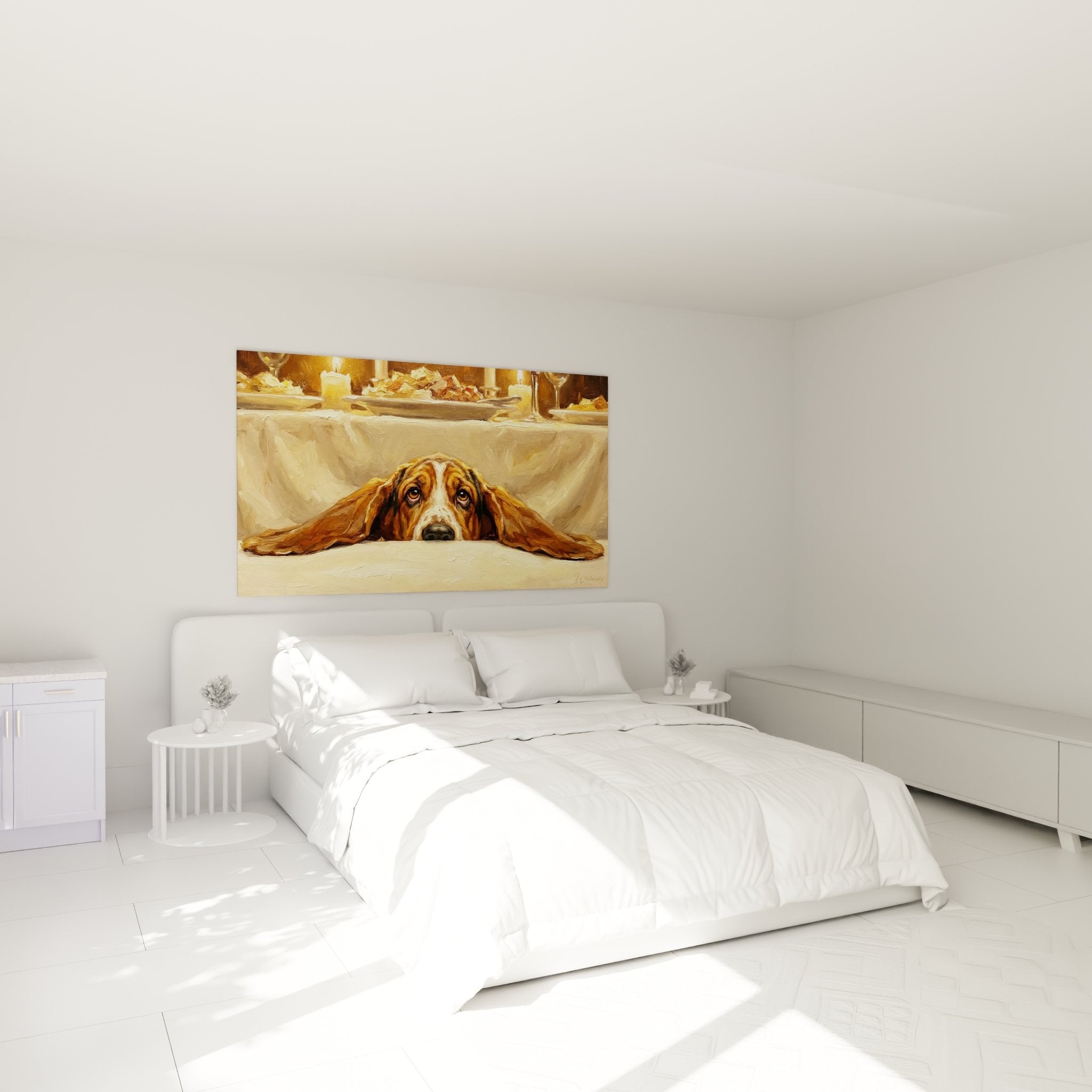 Tableau Basset Hound tons ocre ambiance chambre décoration murale chien couché