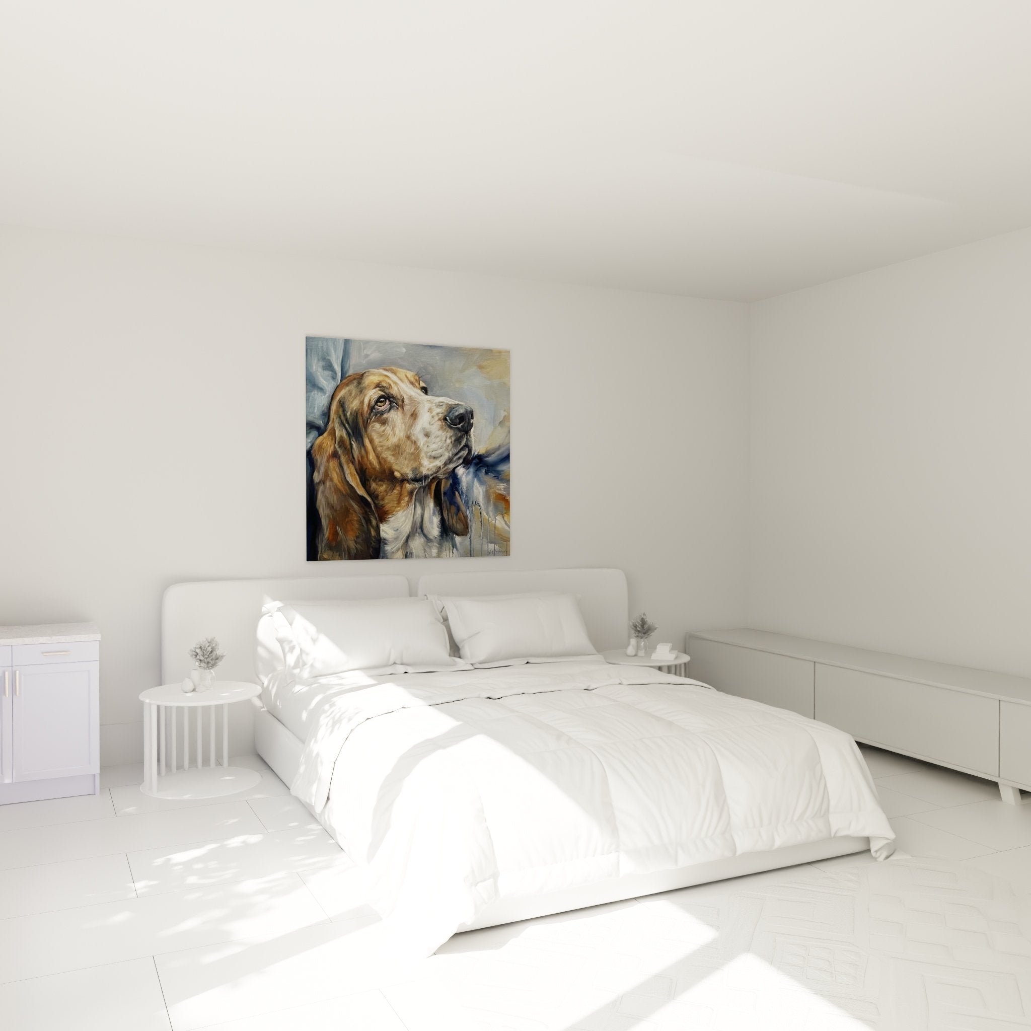Tableau Basset Hound dans chambre moderne, décoration murale avec portrait de chien aux couleurs chaudes