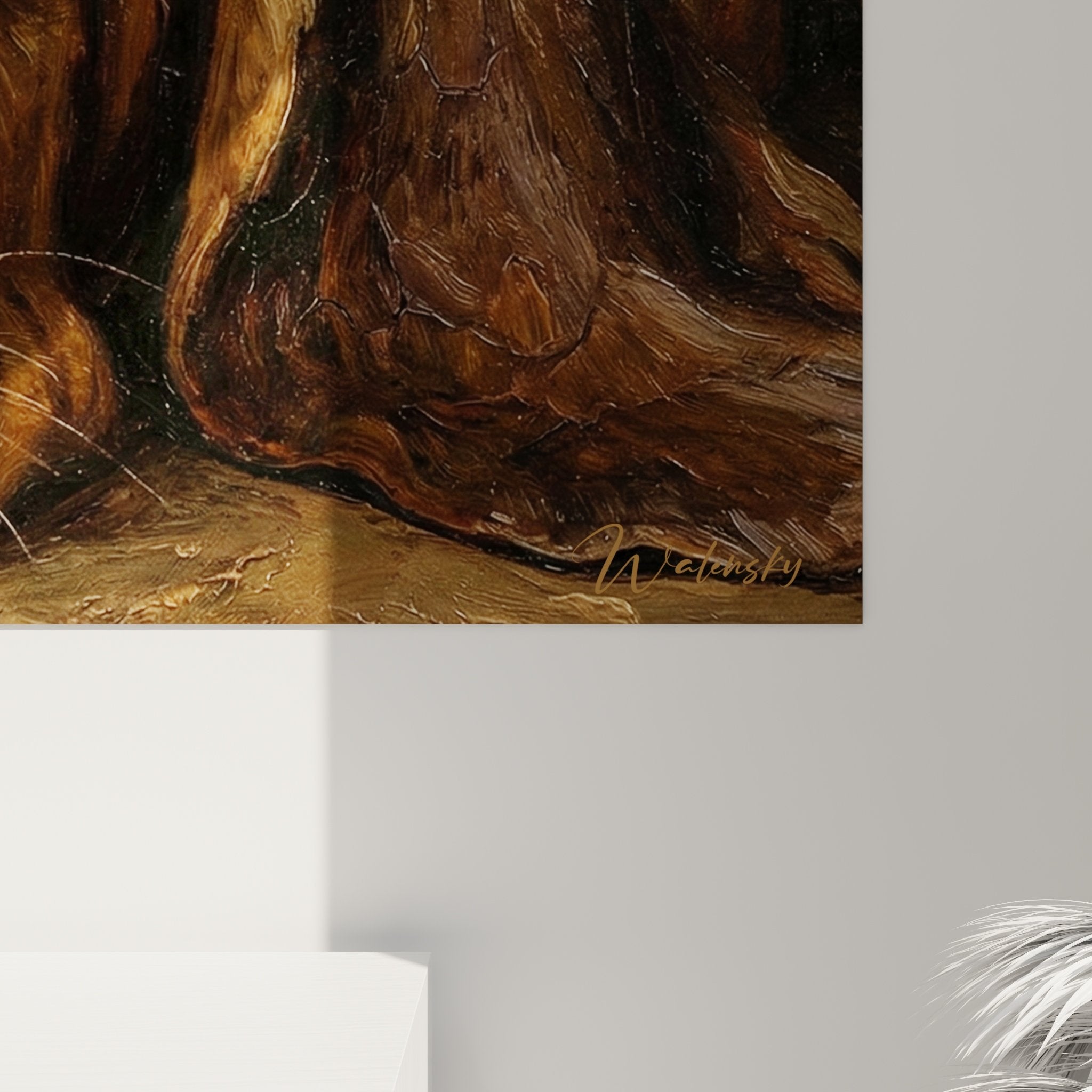 Tableau mural Basset Hound portrait chien salon decoration murale tons roux cuivre art animalier contemporain