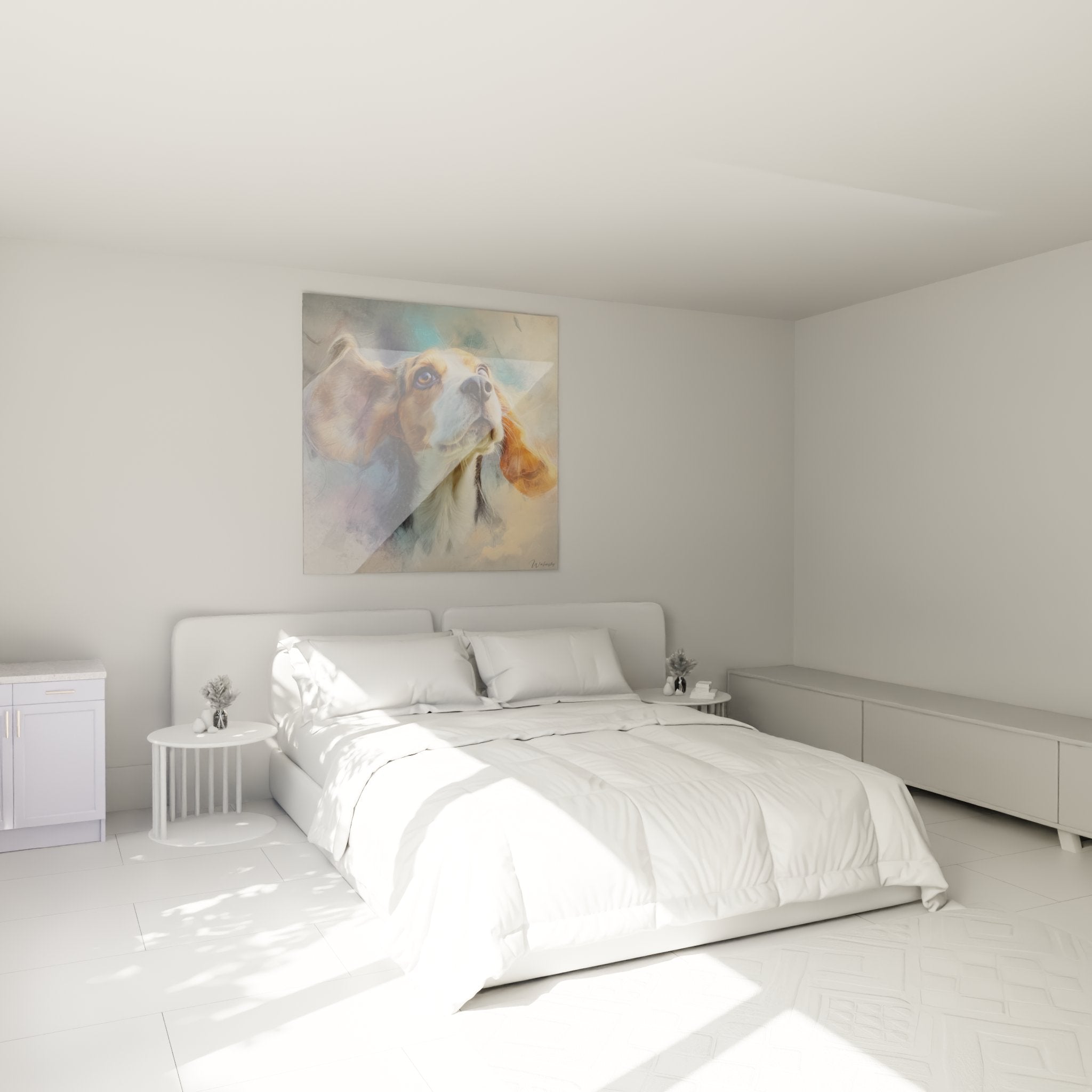 Ausdrucksstarkes Beagle-Gemälde in modernem Schlafzimmer mit harmonischen Gold- und Blautönen