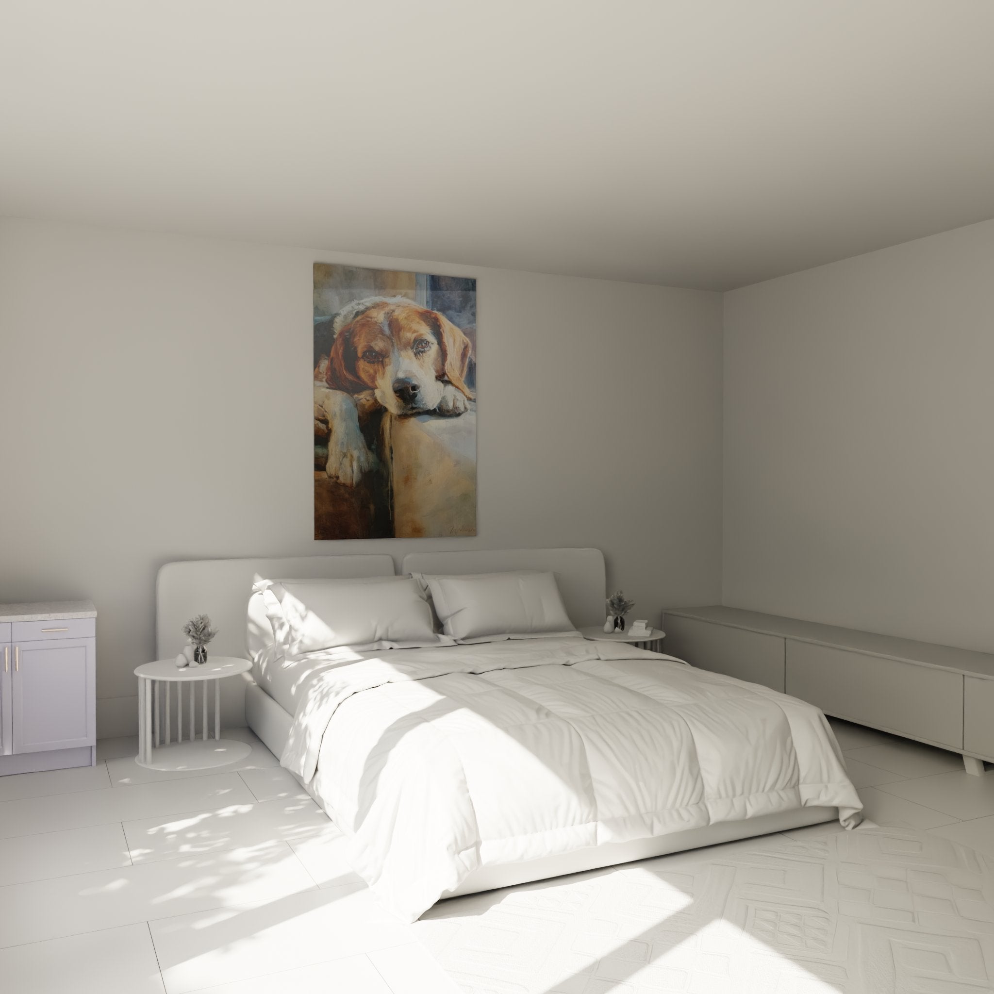 Portrait beagle decoratif chambre ambiance chaleureuse tons ocre et blanc