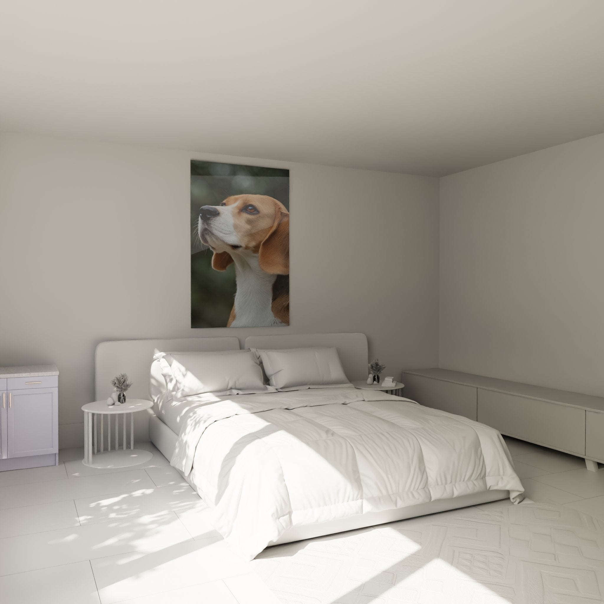 Tableau beagle portrait chambre decoration murale ambiance chaleureuse tons naturels fauve blanc