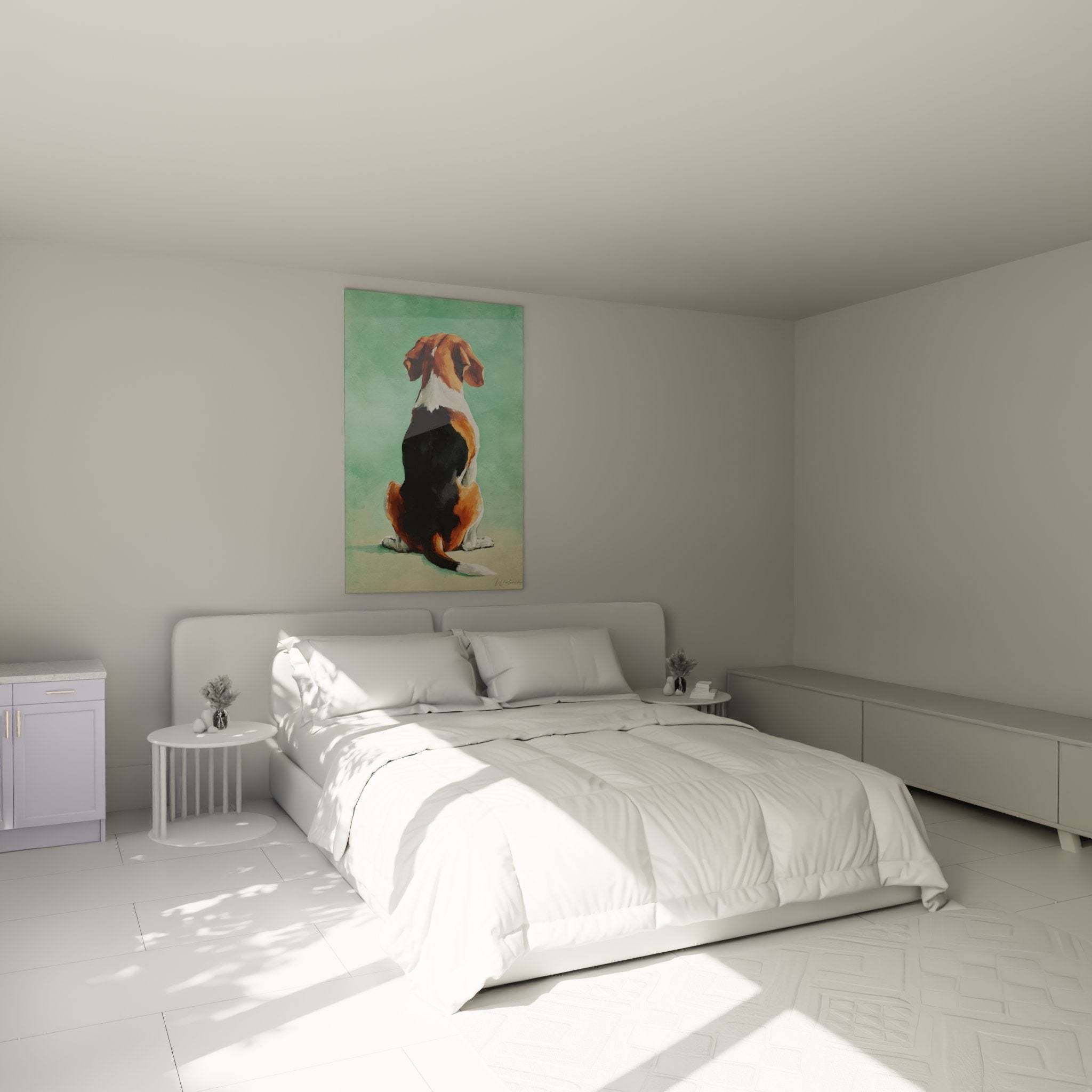 Contemplative tricolor Beagle on canvas hung on the wall of a bedroom with natural tones