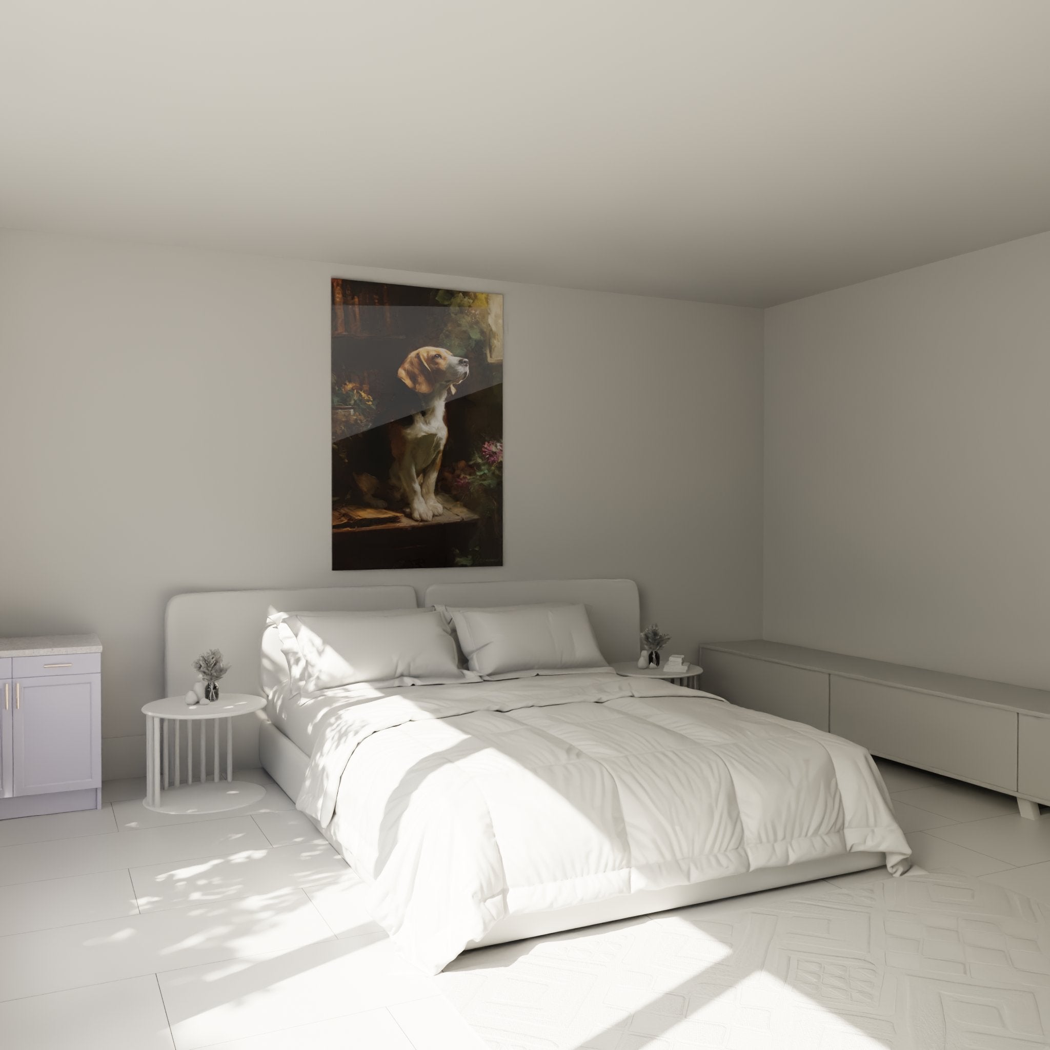 Beagle-Bild in Tricolore dekoriert Schlafzimmer im klassischen Stil warme Atmosphäre beige Wände