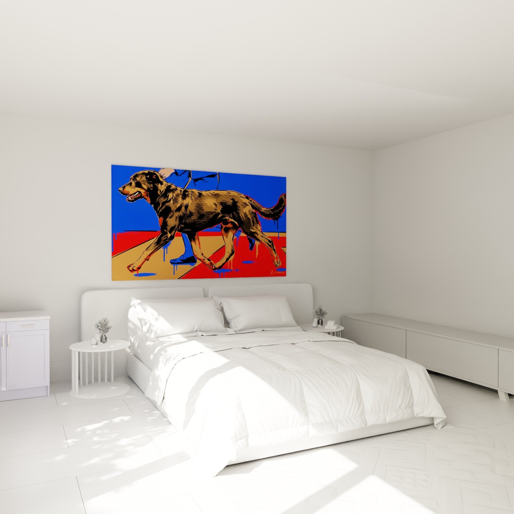 Dynamisches Beauceron-Gemälde in modernem Schlafzimmer mit zeitgenössischer Dekoration und hellen Wänden