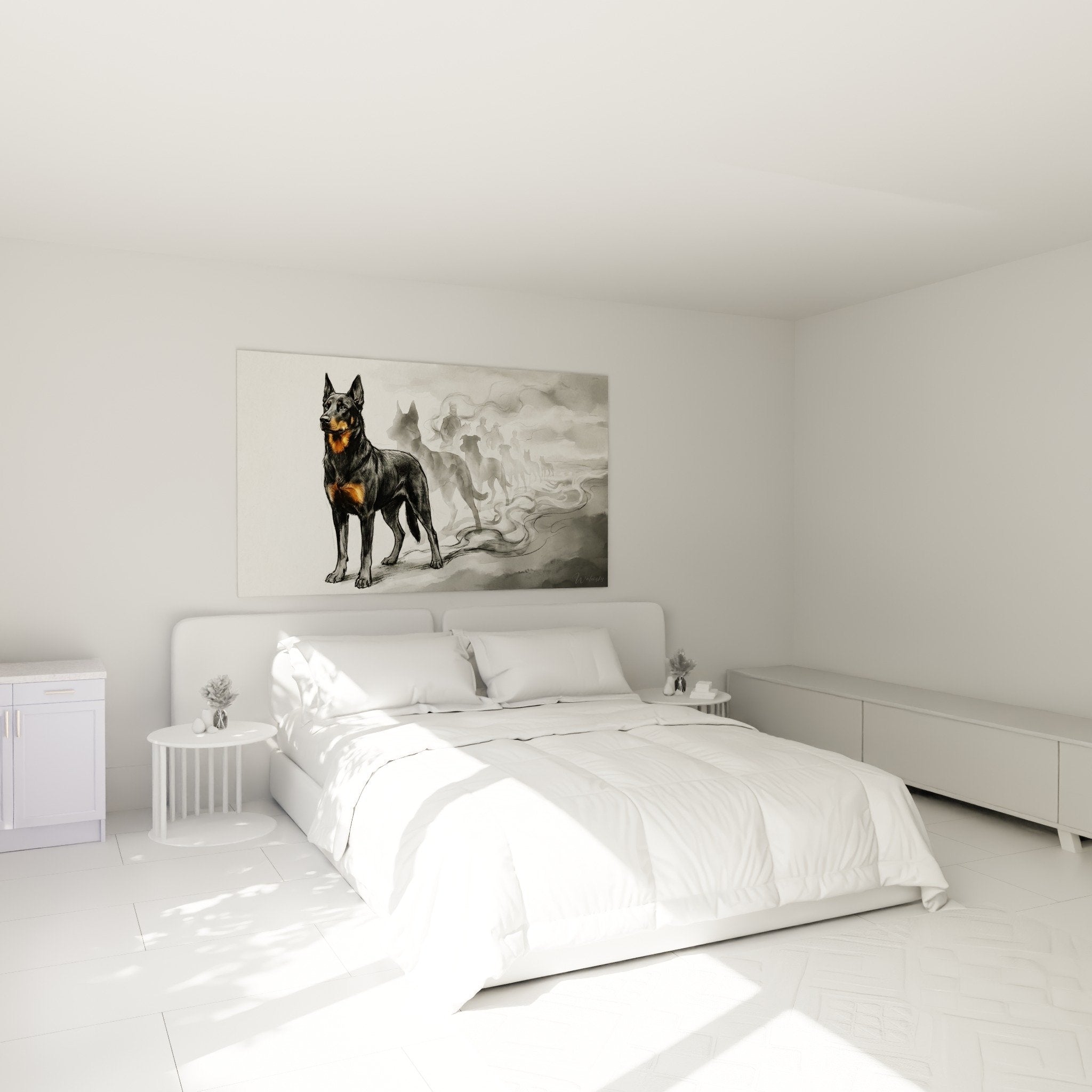 Spiritual Beauceron wall art hanging in bedroom with peaceful ambiance dog guardian wall decoration