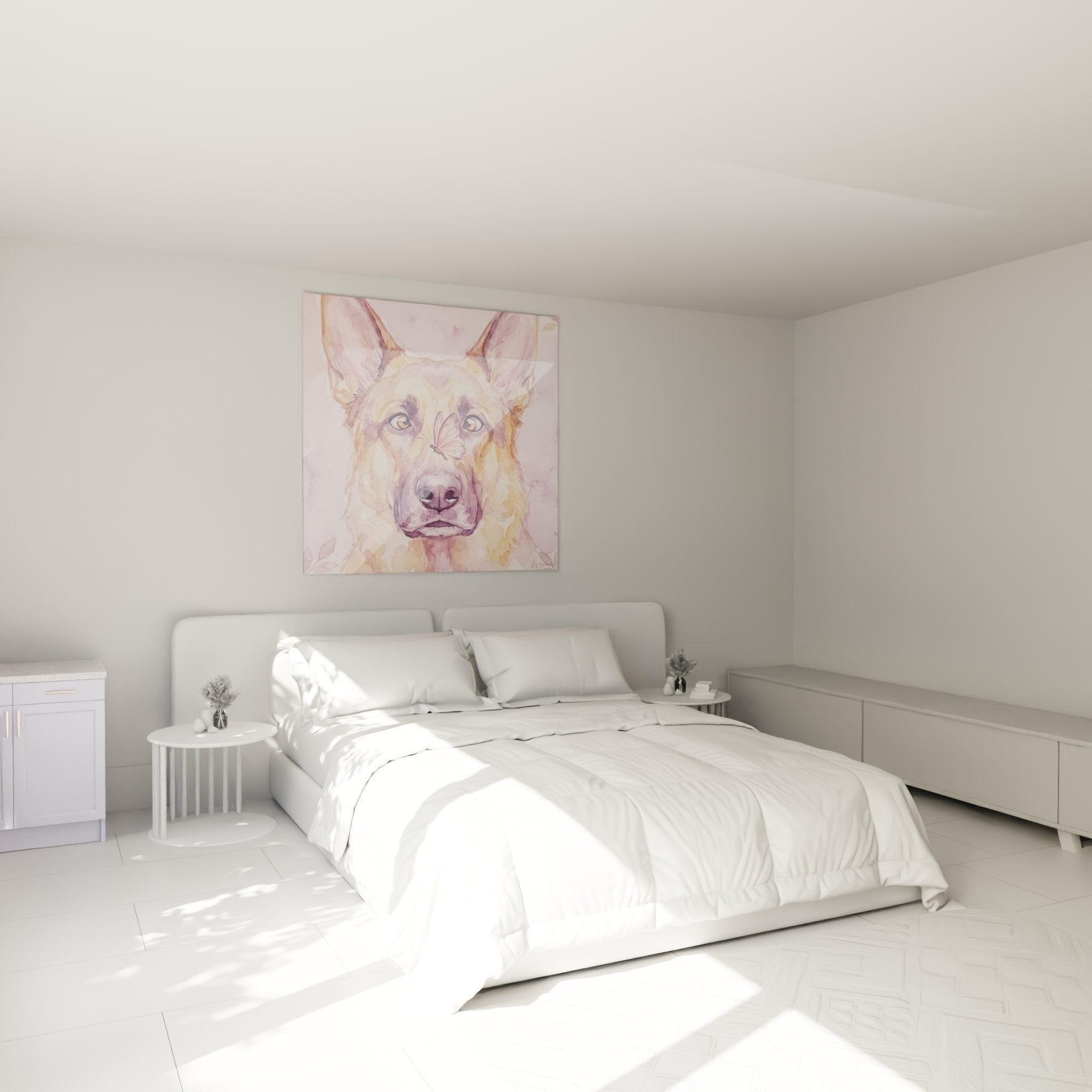 quadro pastore tedesco acquerello rosa installato in camera decorazione murale cane toni pastello farfalla