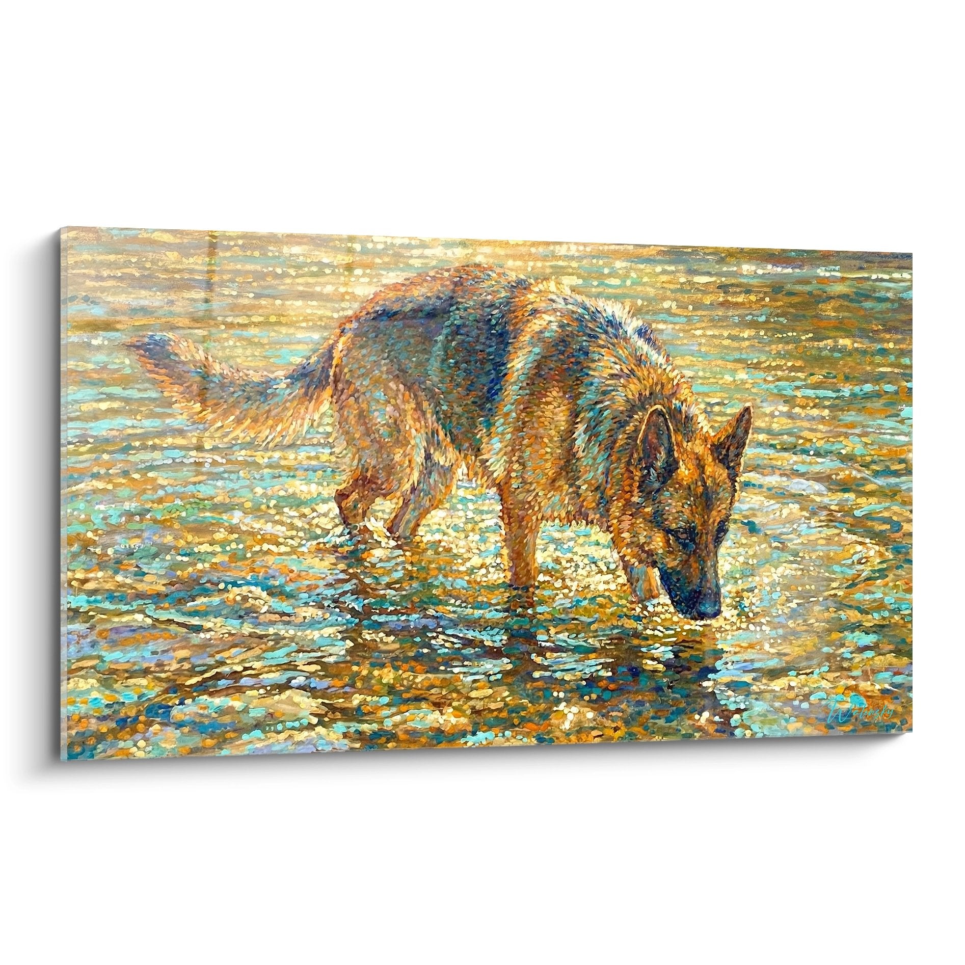 berger allemand dans eau doree reflets lumineux tableau art animalier