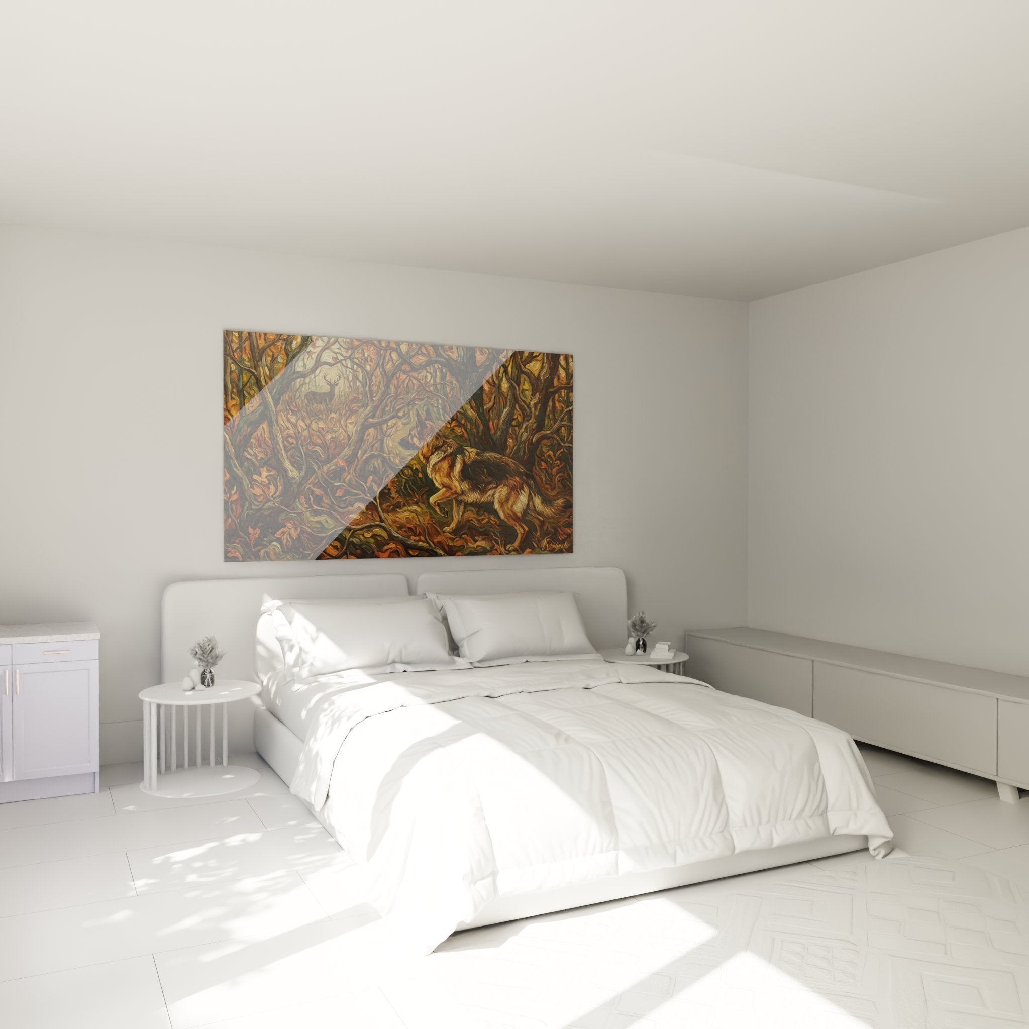 Deutscher Schäferhund Wald Herbst Wandbild Schlafzimmer Wanddekoration Bronzetöne