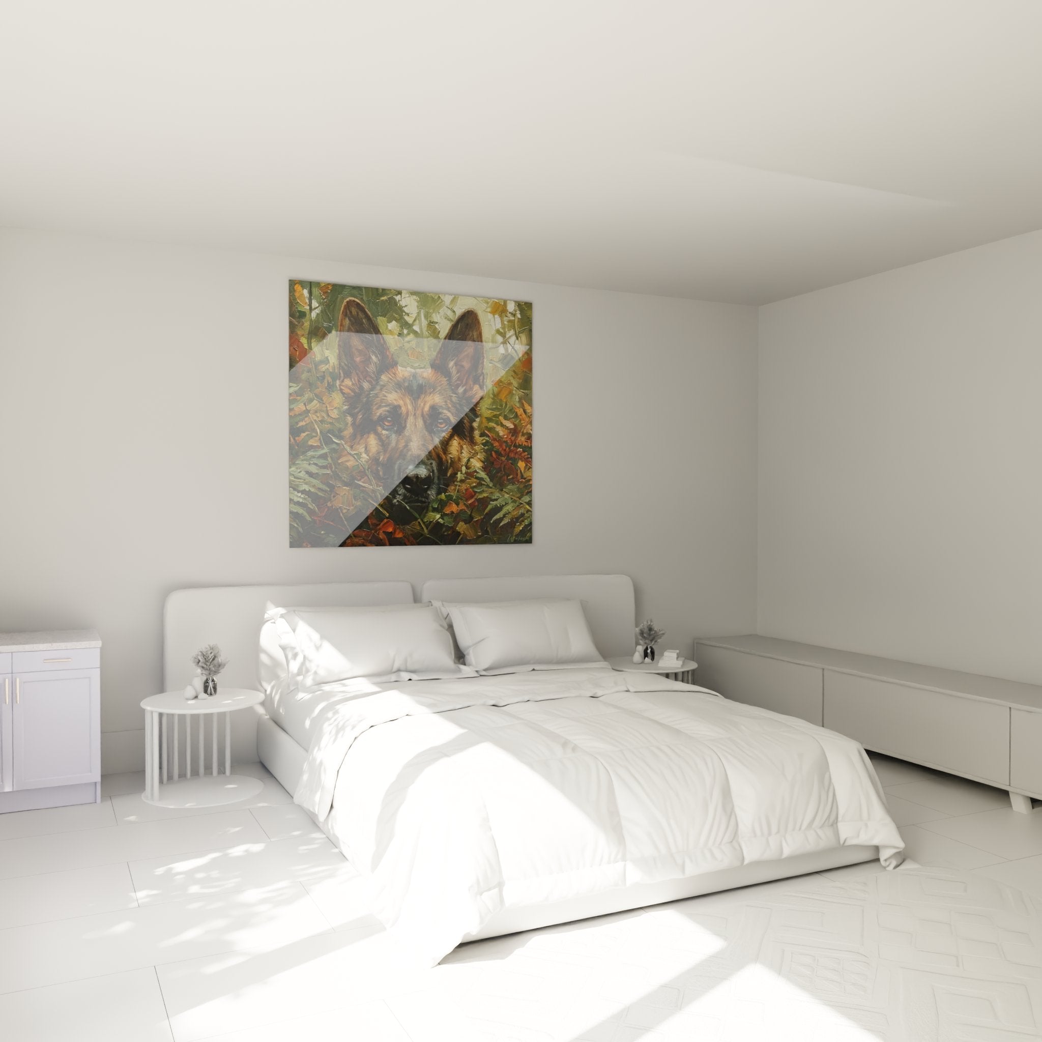 Ritratto pastore tedesco decorativo camera da letto, quadro animale espressivo toni naturali fogliame