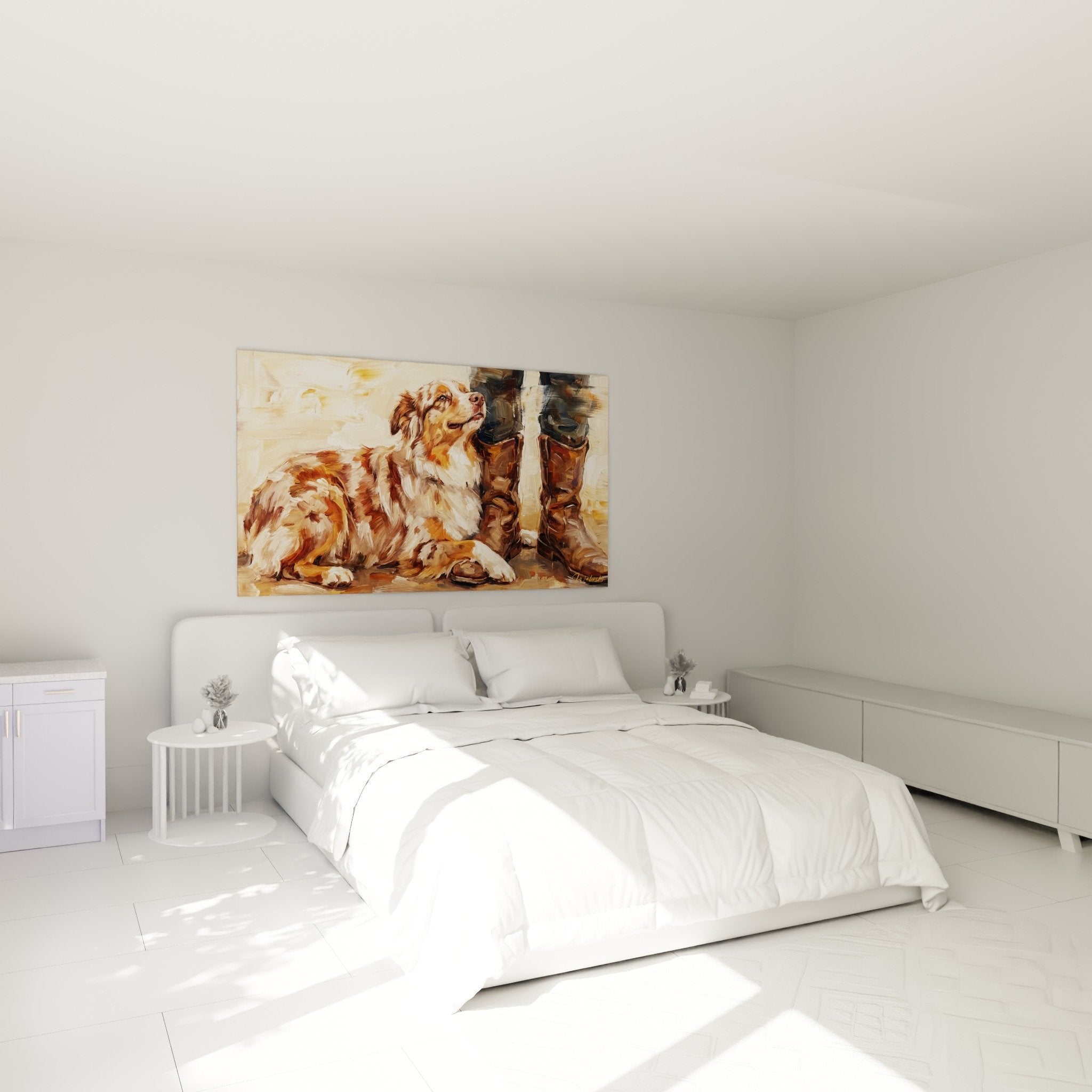 Tableau chien berger americain chambre decoration murale tons terreux ambiance chaleureuse