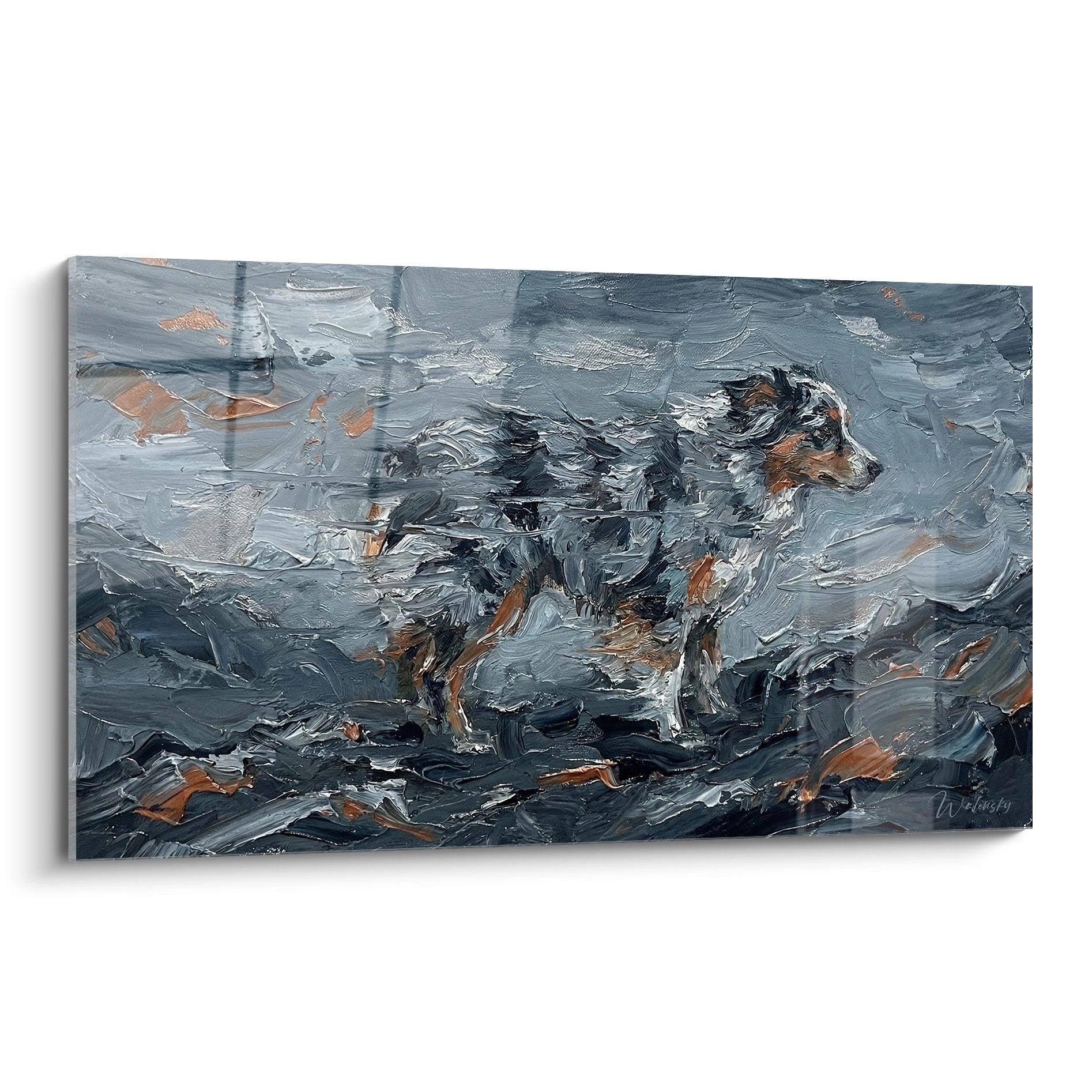 Peinture berger americain miniature en mouvement tons gris roux technique empâtement expressif
