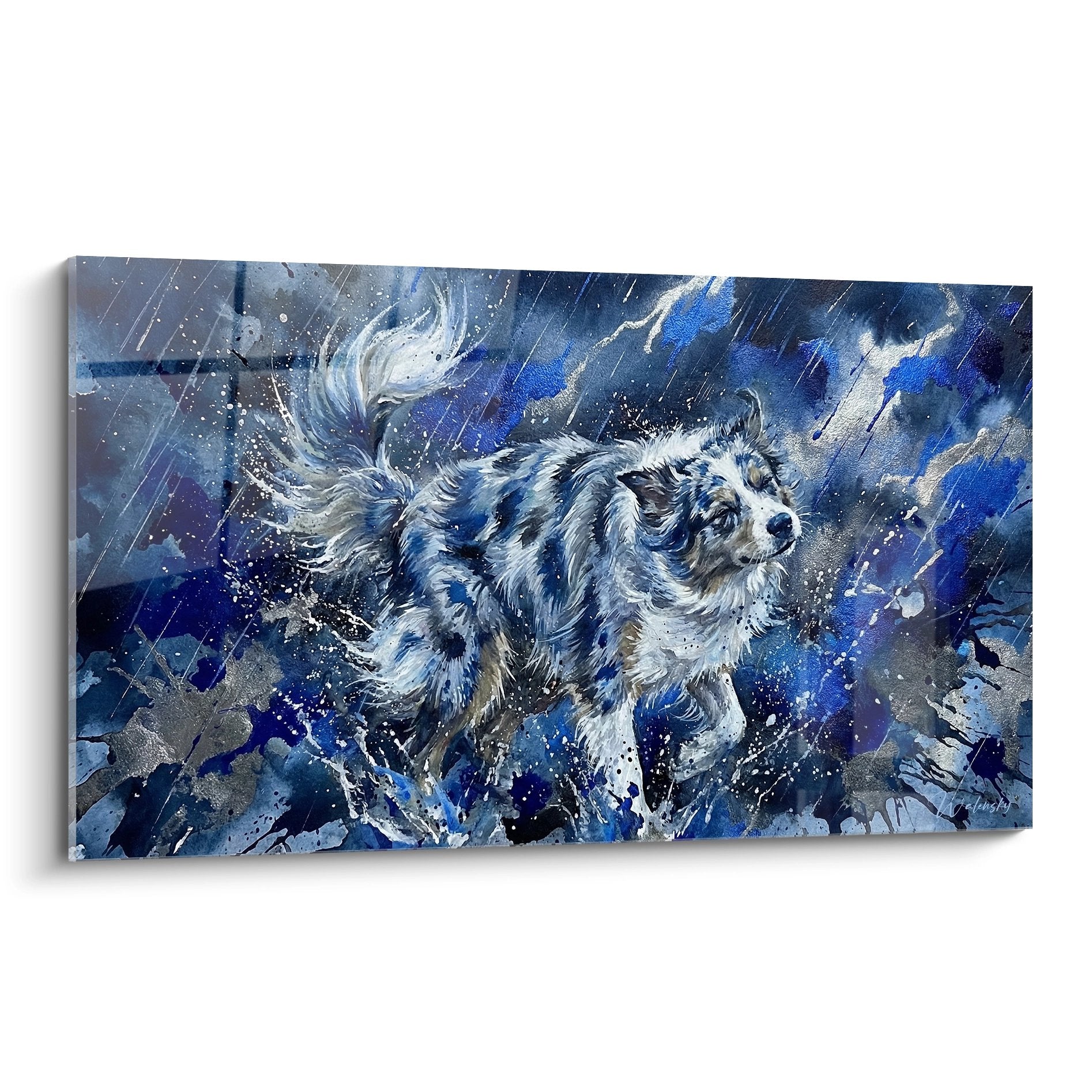 Tableau berger americain miniature dans tempête bleu gris avec éclaboussures blanches style expressionniste