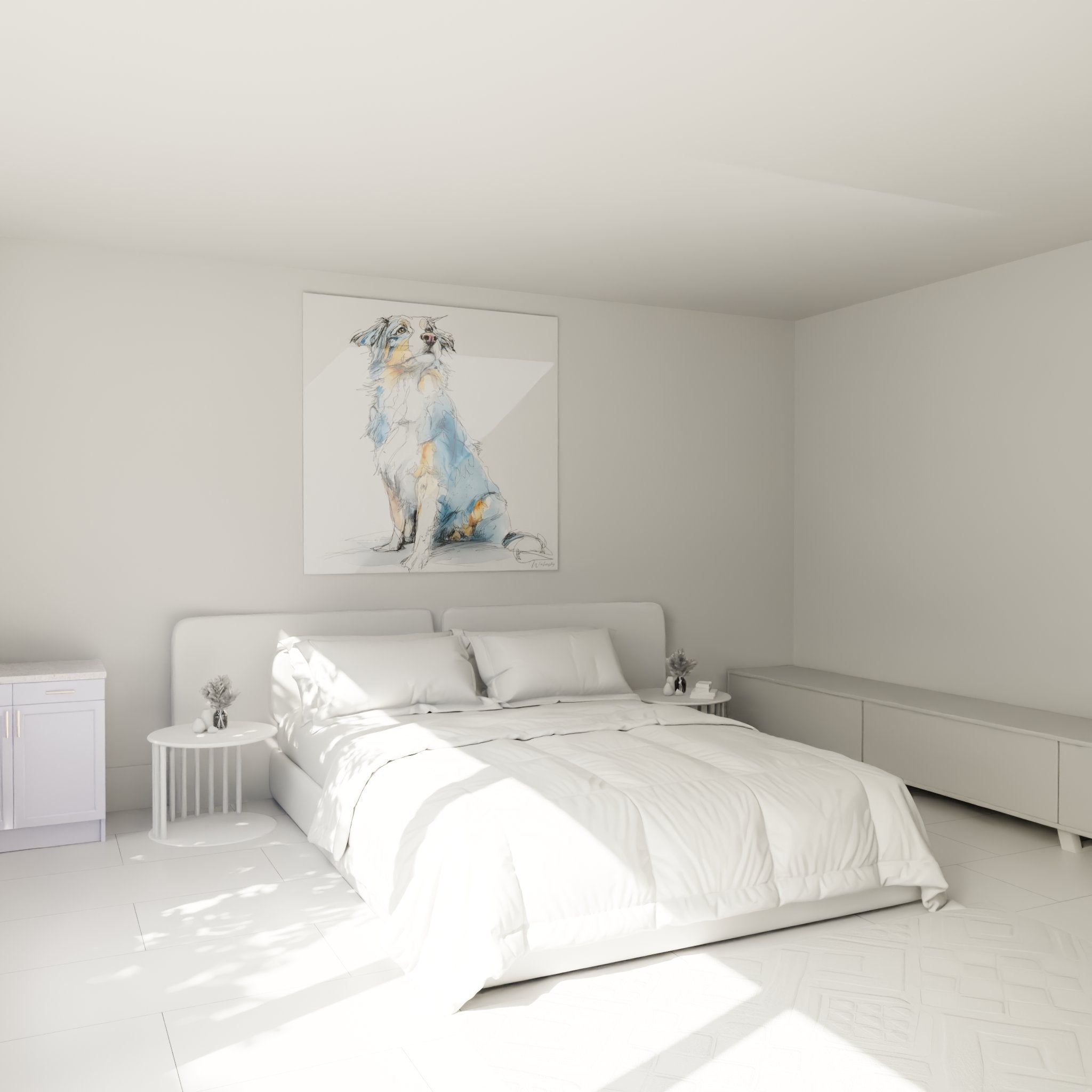 Tableau berger australien aquarelle dans chambre decoration murale art animalier tons bleus apaisants