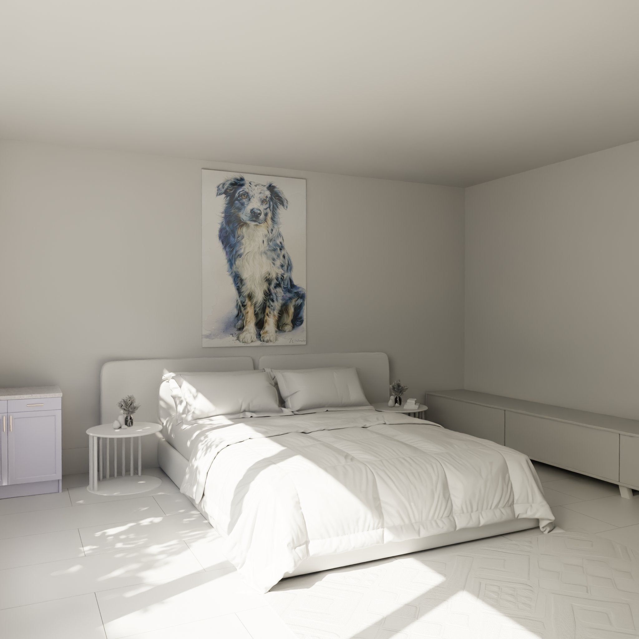 Tableau Berger Australien merle bleu dans chambre décoration murale portrait chien aquarelle