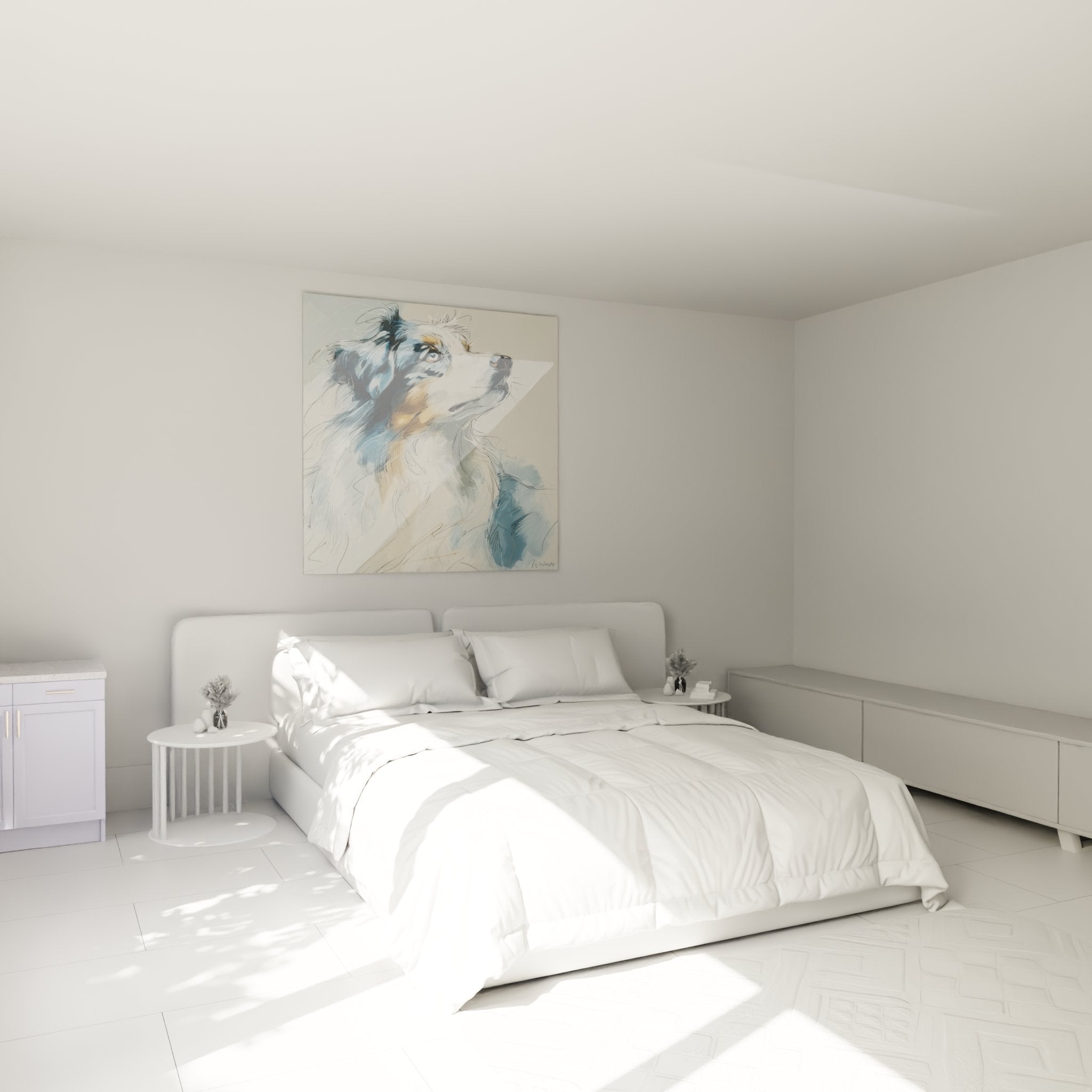 Tableau berger australien aquarelle dans chambre moderne, decoration murale chien portrait