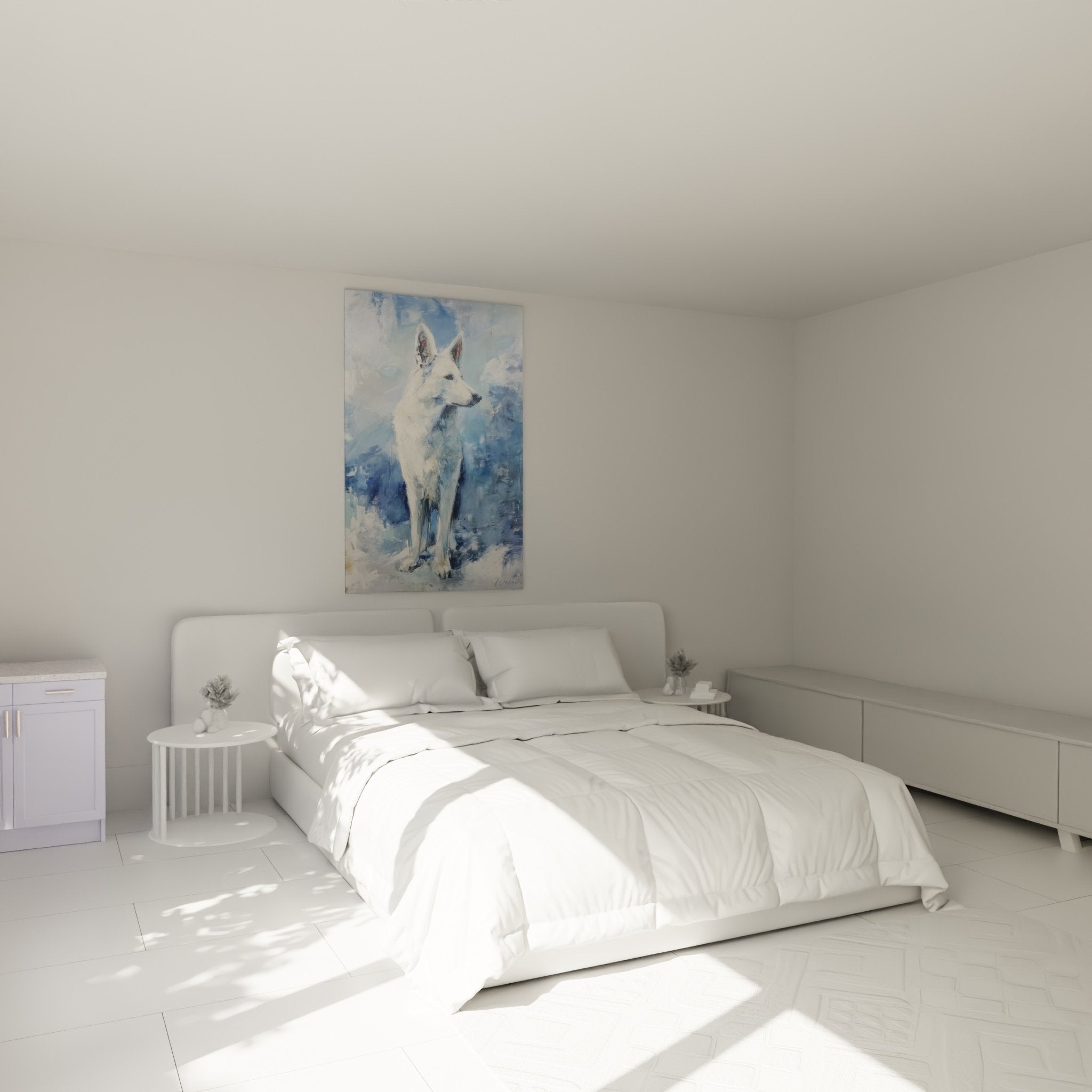 Gemälde Weißer Schweizer Schäferhund modernes Schlafzimmer weiße Wand Wanddekoration Tierkunst