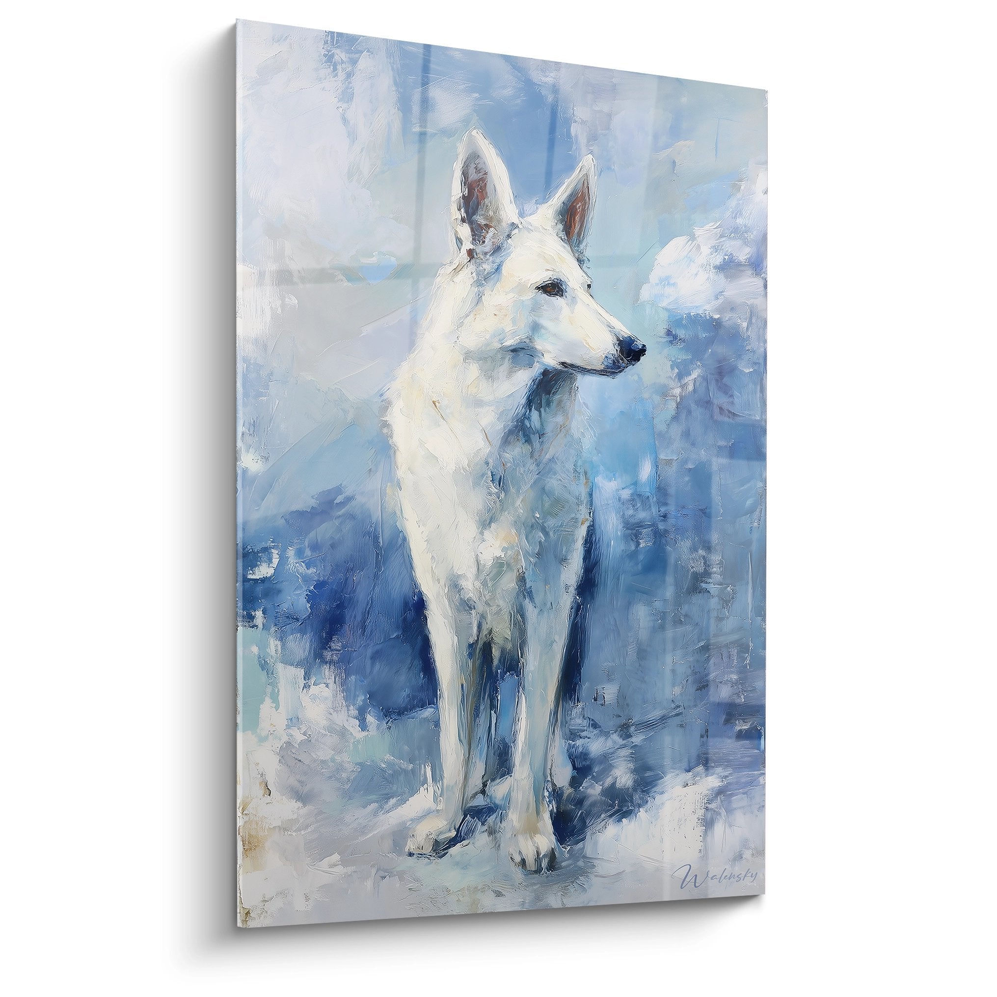 Künstlerisches Porträt Weißer Schweizer Schäferhund stehend blauer Hintergrund expressive Malerei weiße blaue Töne