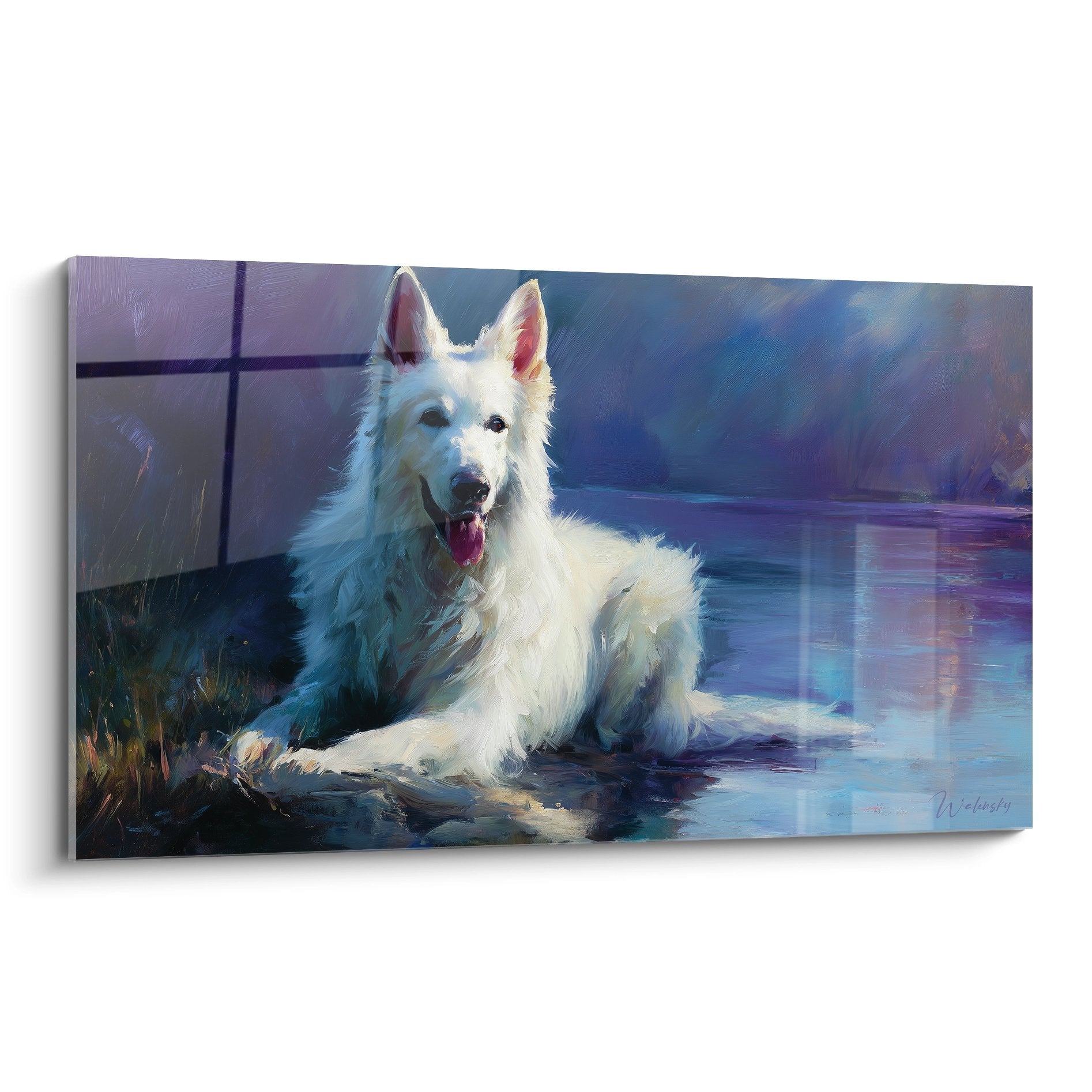 Tableau artistique Berger Blanc Suisse allongé avec reflets bleus et violets sur fond aquatique impressionniste