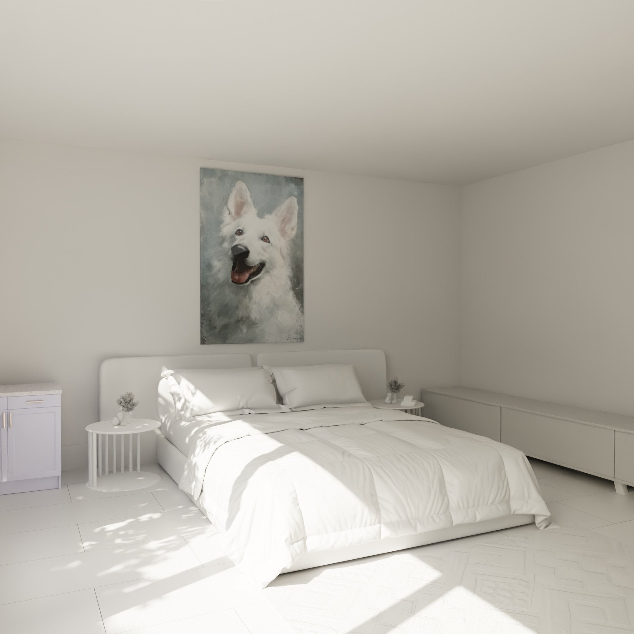 Tableau Berger Blanc Suisse portrait souriant decorant chambre moderne ambiance chaleureuse art mural