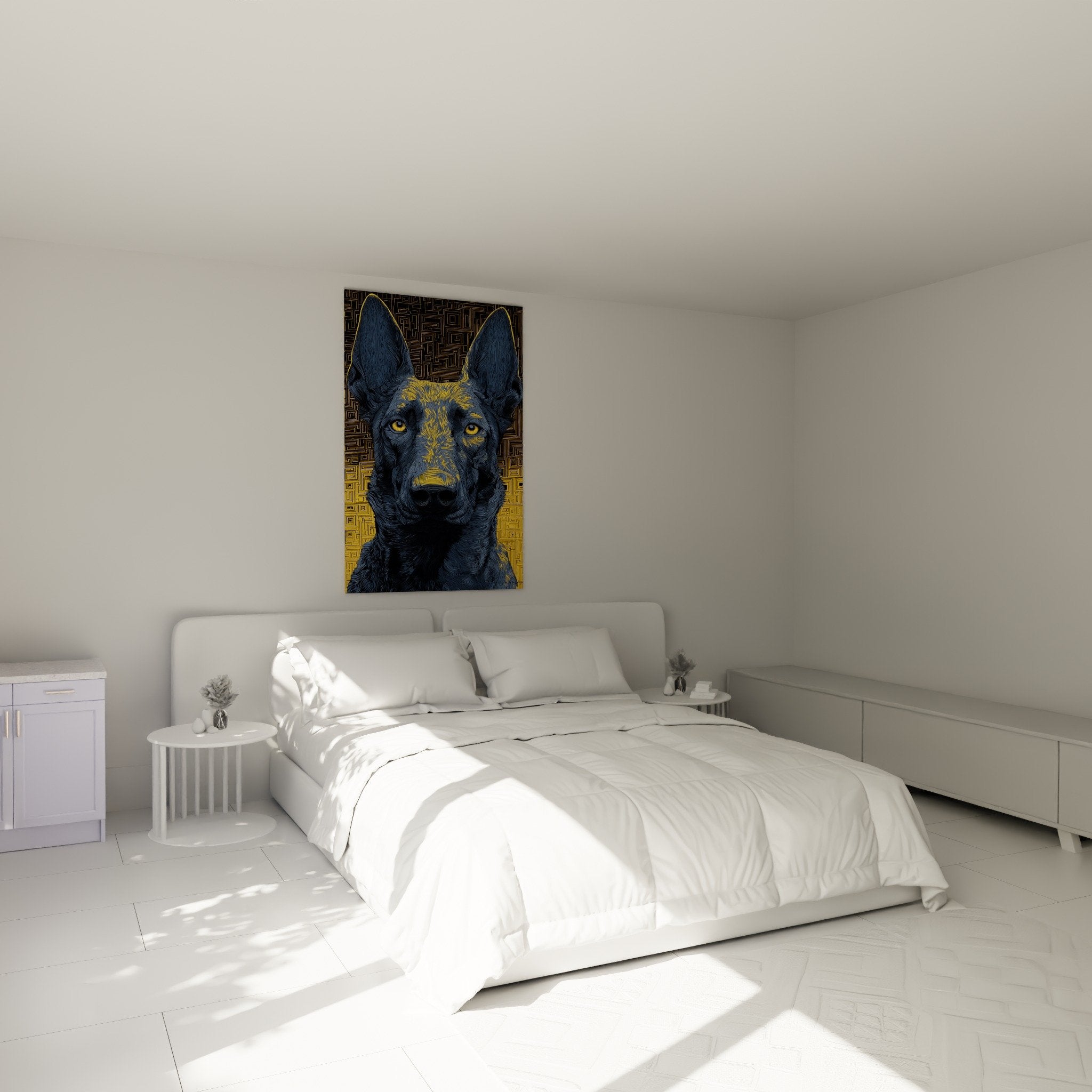 Tableau chien bleu yeux ambrés dans chambre moderne - décoration murale élégante Berger Hollandais