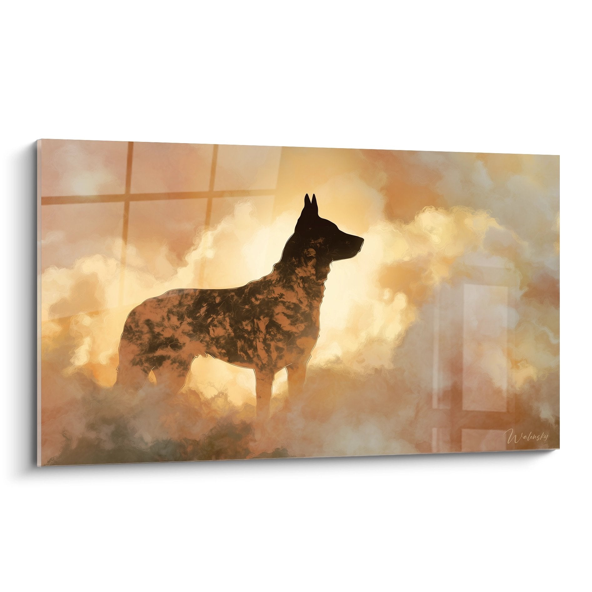 Tableau Berger Hollandais silhouette noire dans nuages dores coucher soleil style artistique double exposition