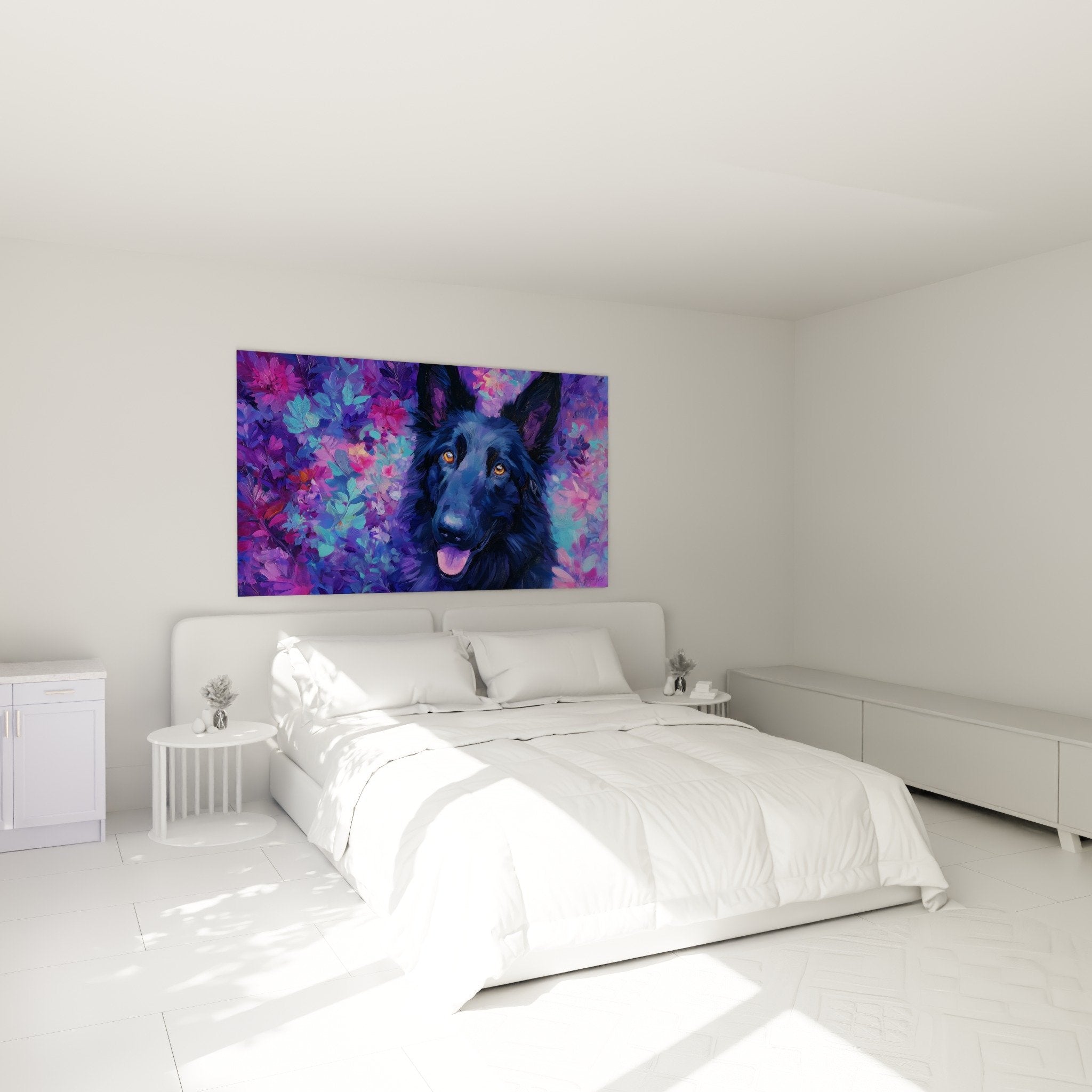 Tableau berger hollandais tons violets décorant chambre moderne murs clairs ambiance apaisante