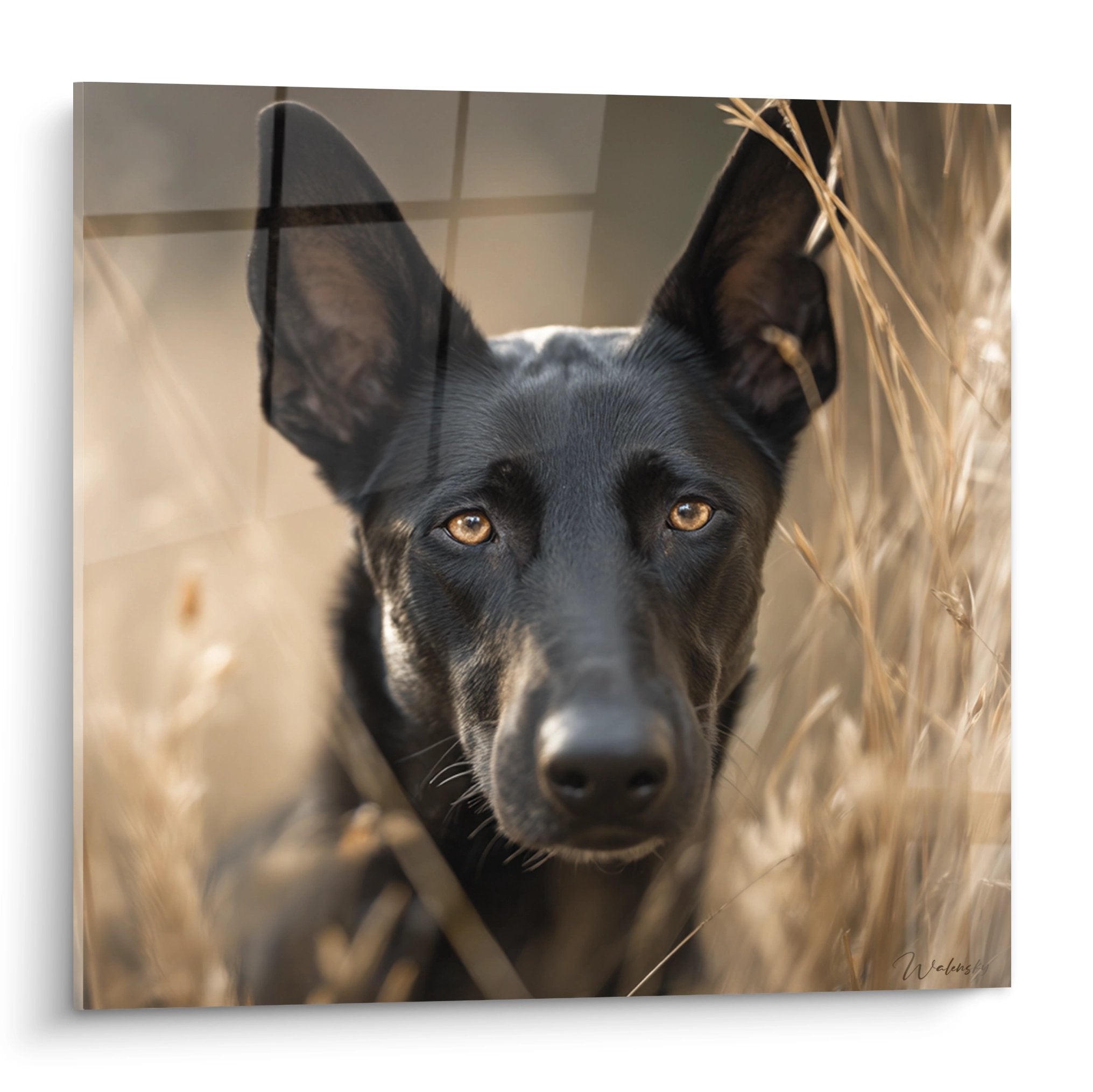 Portrait rapproché d'un Berger Hollandais aux yeux ambrés dans un décor d'herbes sauvages dorées et lumineuses