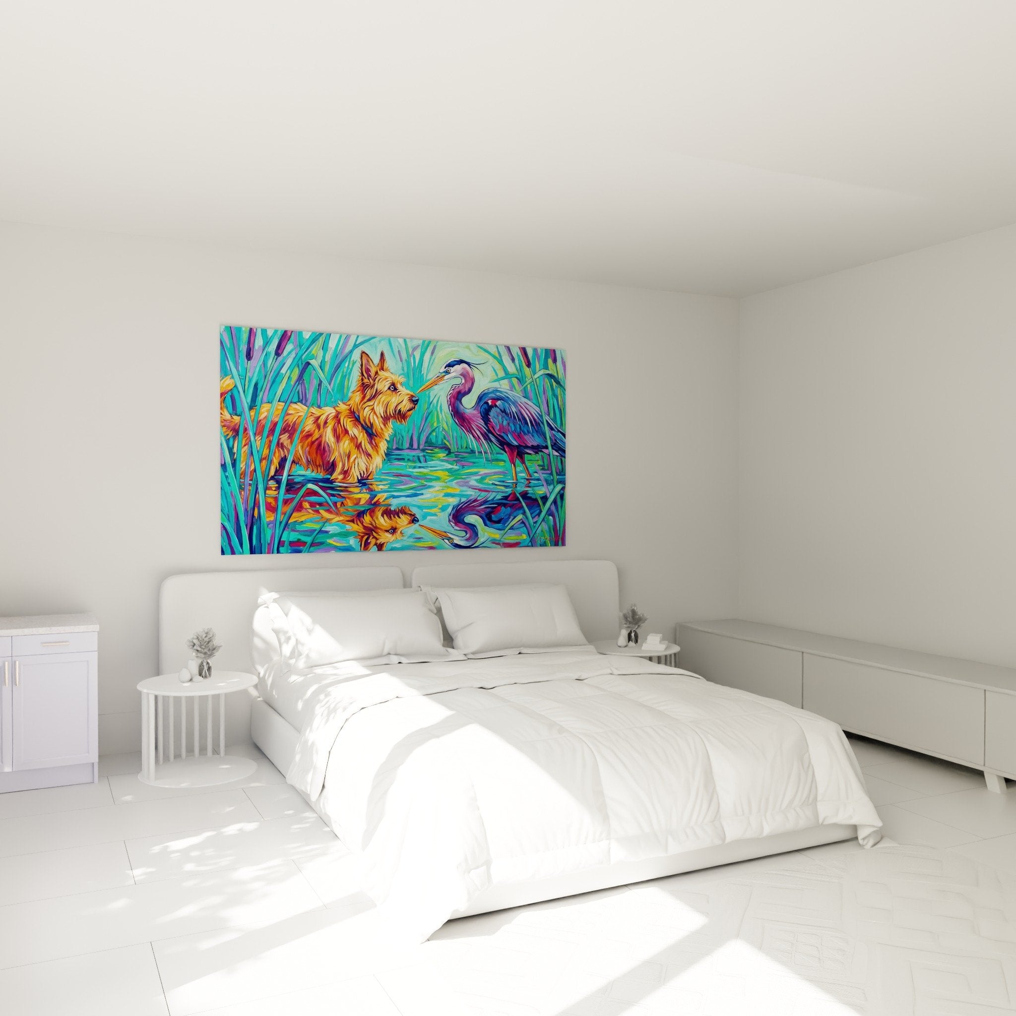 Wanddekoration Berger Picard Reiher Schilf lebendige Farben modernes Schlafzimmer Ambiente