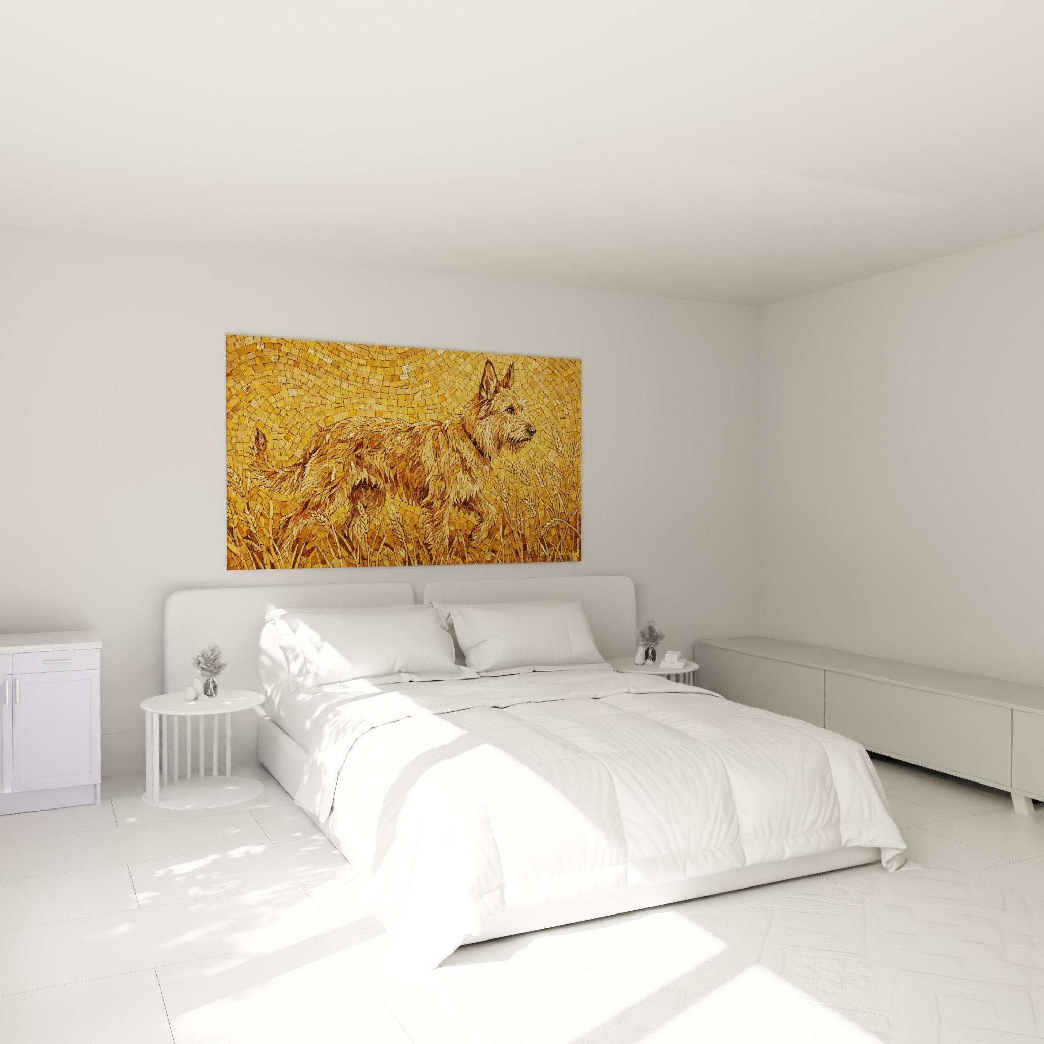 Tableau mosaique Berger Picard dore accroche au mur d'une chambre moderne, decoration murale chaleureuse