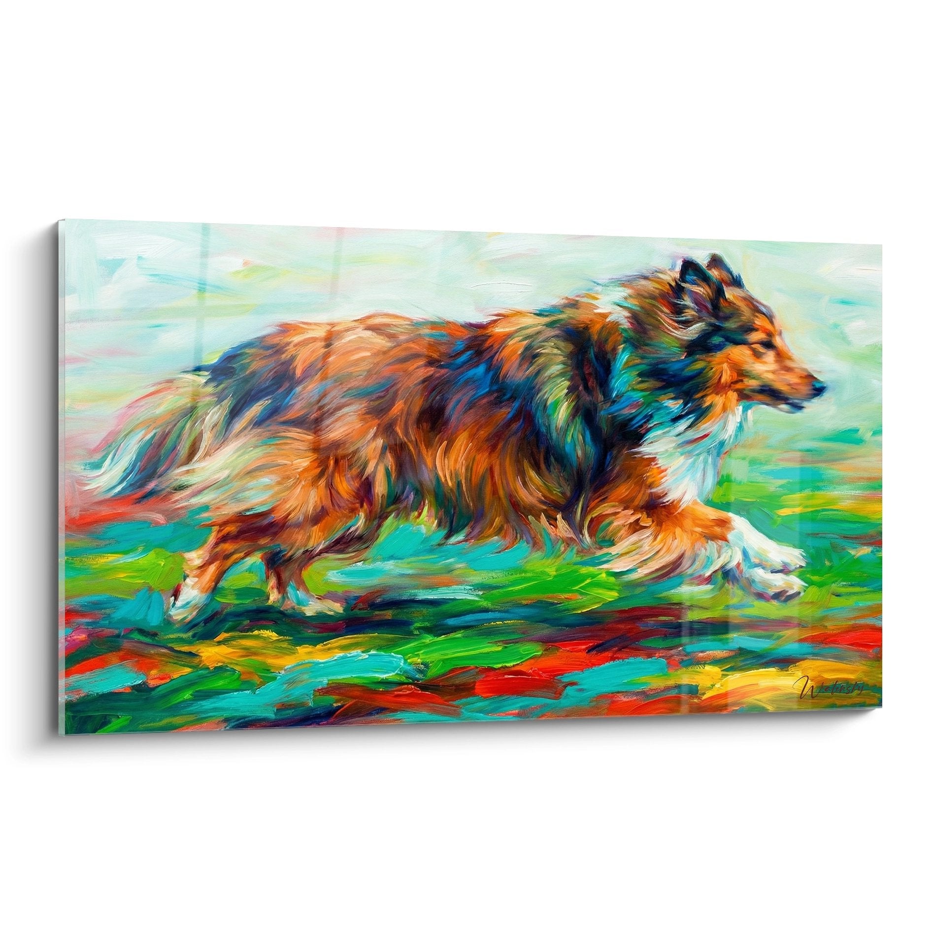 Tableau expressionniste Berger des Shetland en course aux couleurs vives orange turquoise